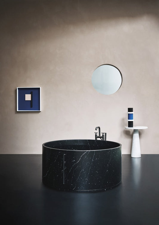 Anfora round freestanding black marble stone bathtub with sculptural modern design