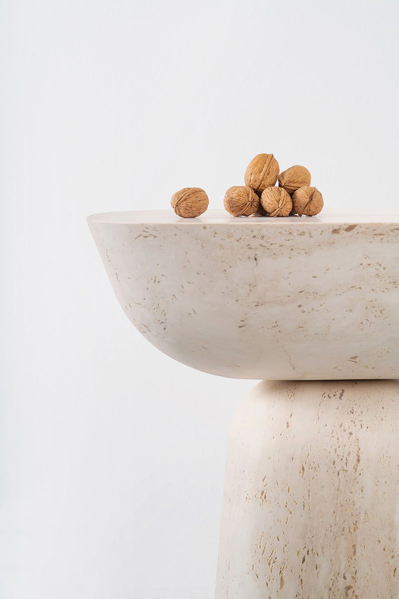 Capri travertine side table sculptural natural stone accent table with styling Eden Stone Designs