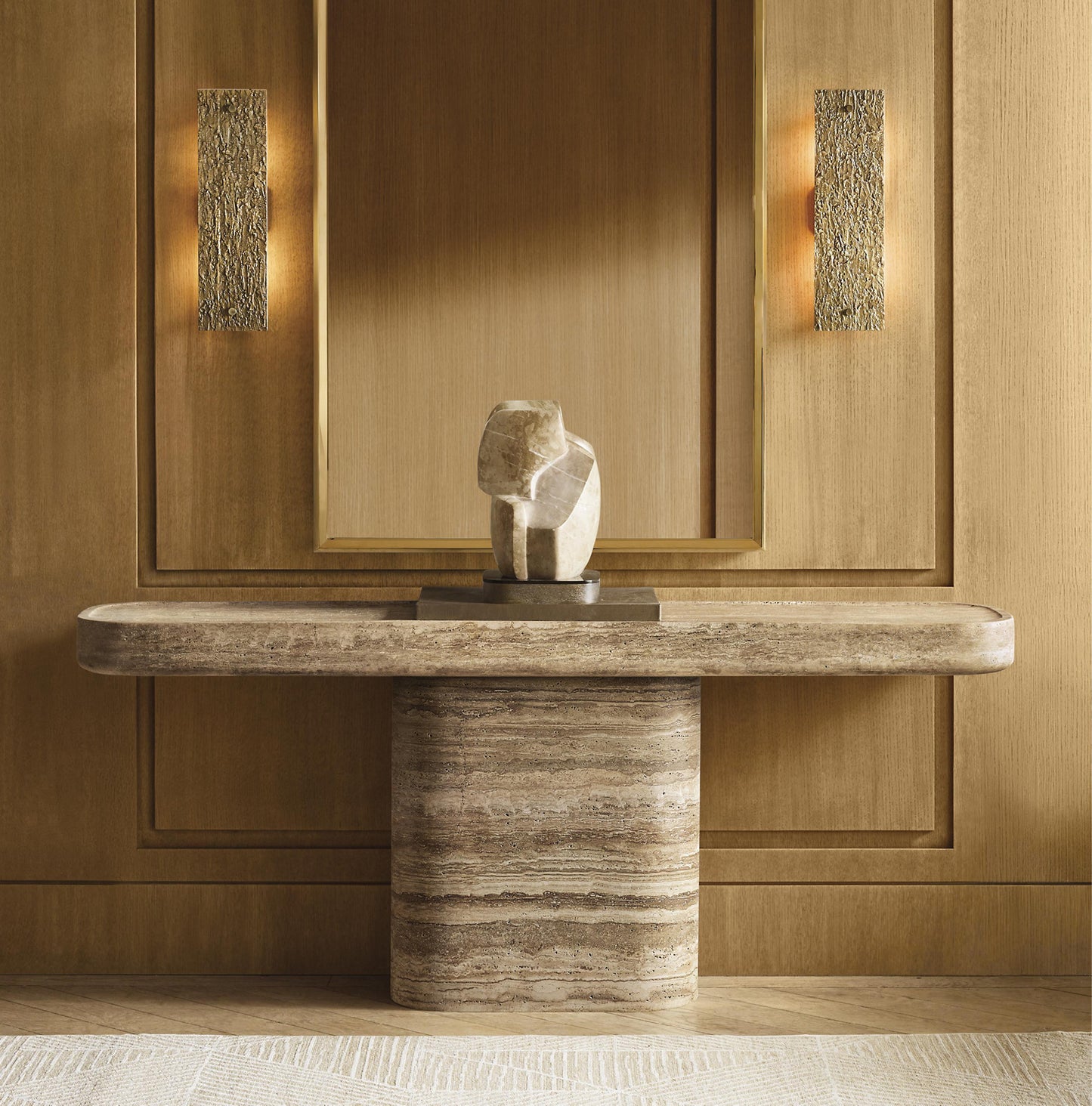 Italo travertine console table in luxury interior design setting