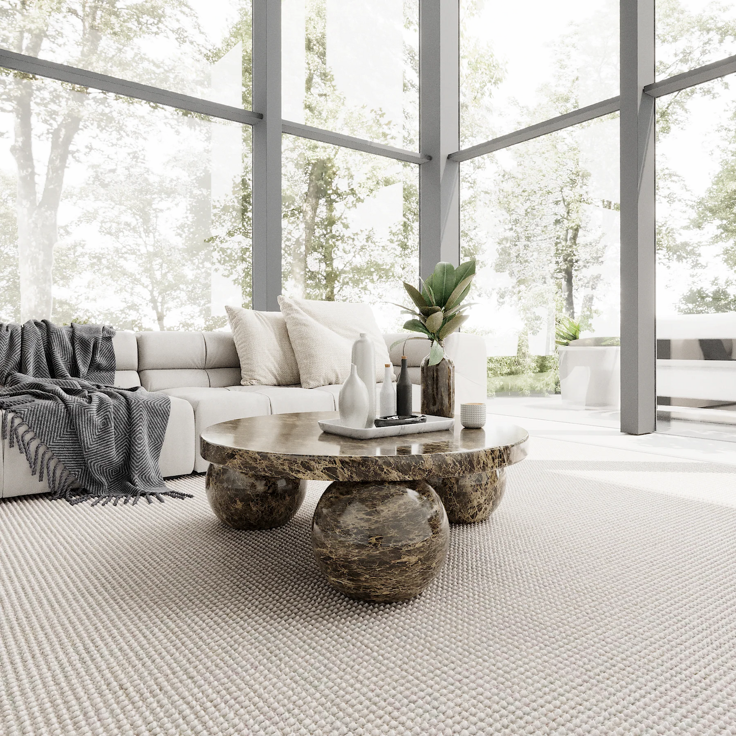 Piccolo Dark Emperador marble coffee table with spherical base in modern living room