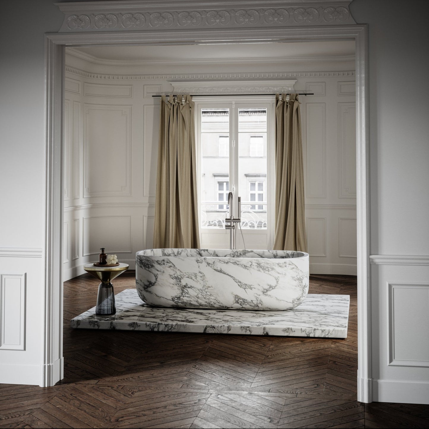 Altamura Arabescato marble freestanding bathtub luxury stone bath Eden Stone Designs