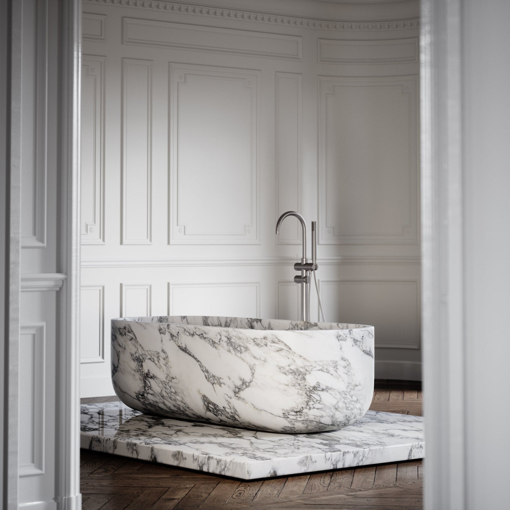 Altamura Arabescato marble freestanding bathtub luxury stone bath Eden Stone Designs