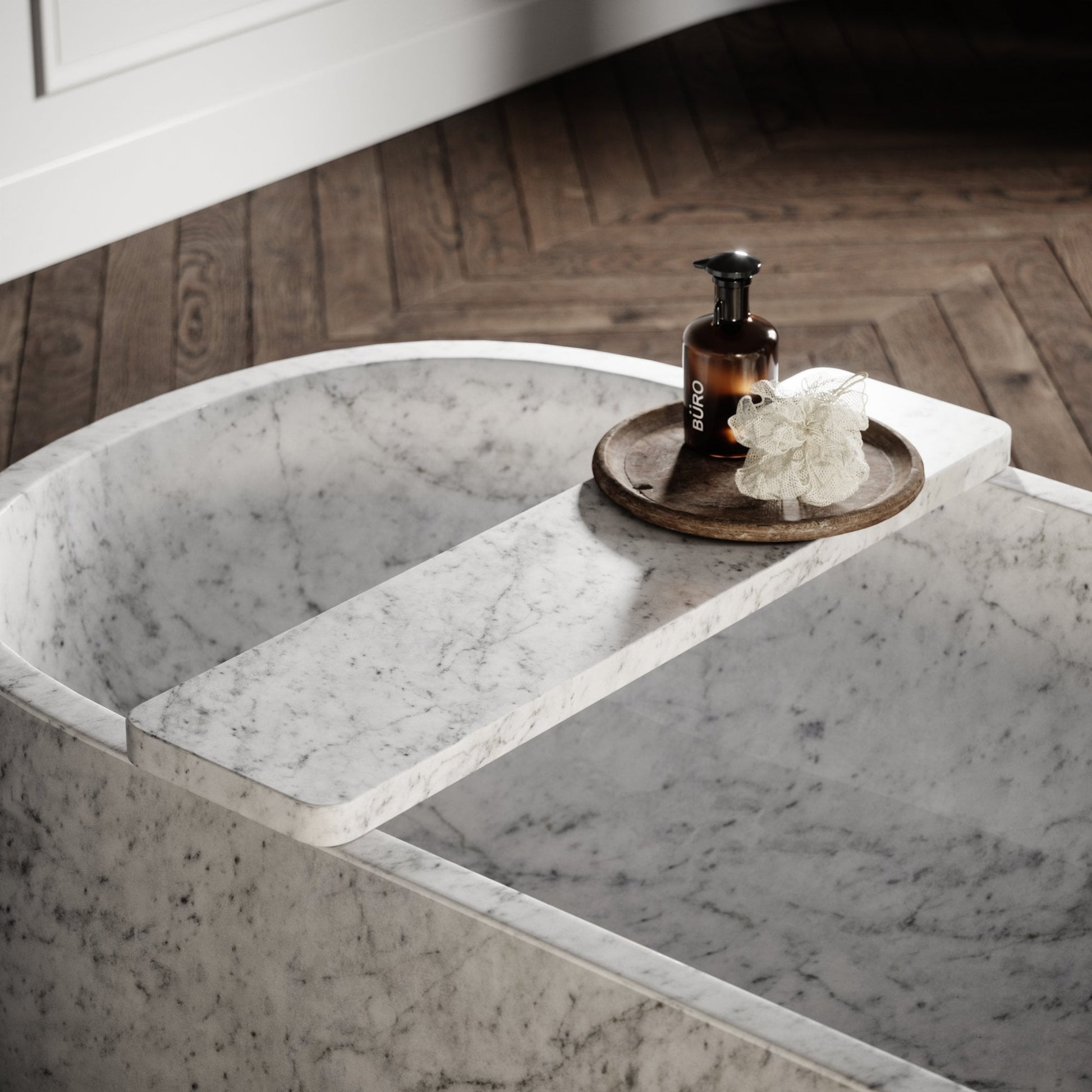 Altamura Carrara marble freestanding bathtub detail luxury stone bath Eden Stone Designs