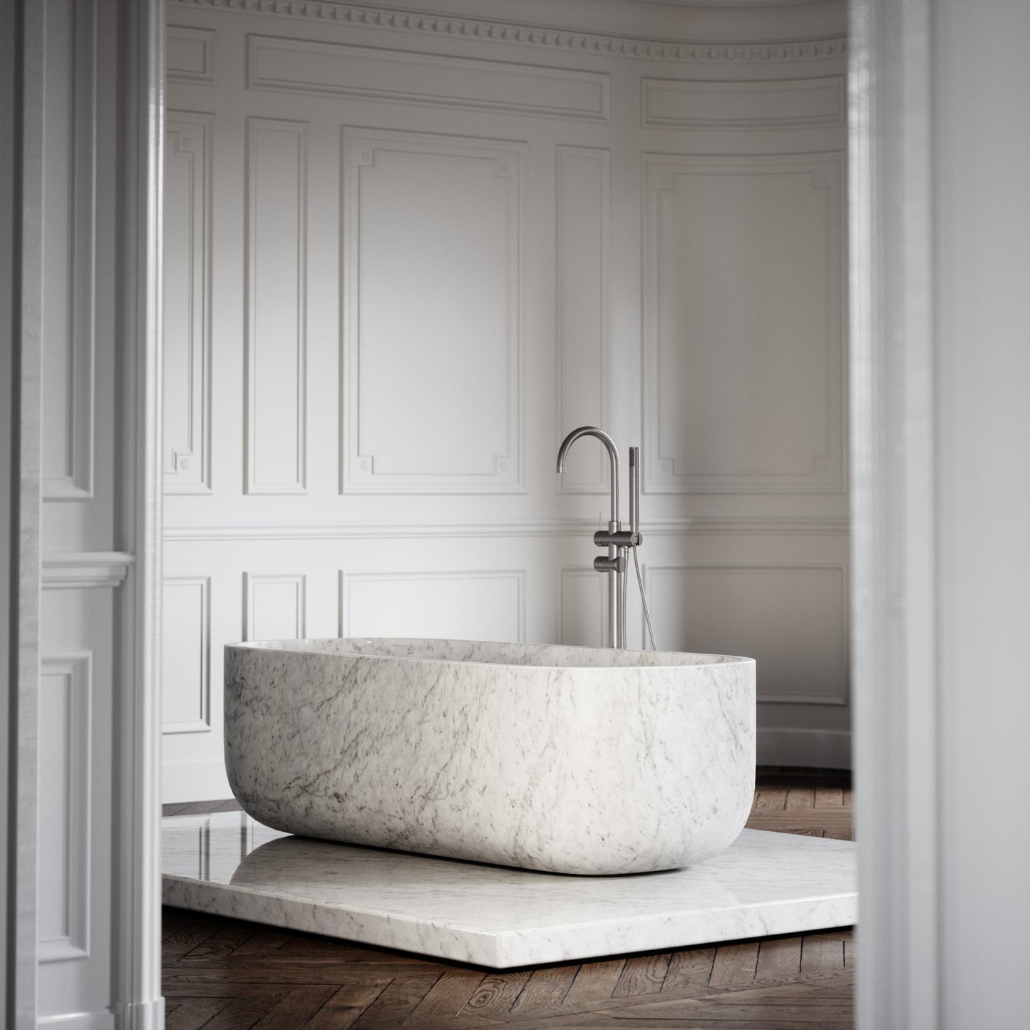 Altamura Carrara marble freestanding bathtub luxury bathroom interior Eden Stone Designs