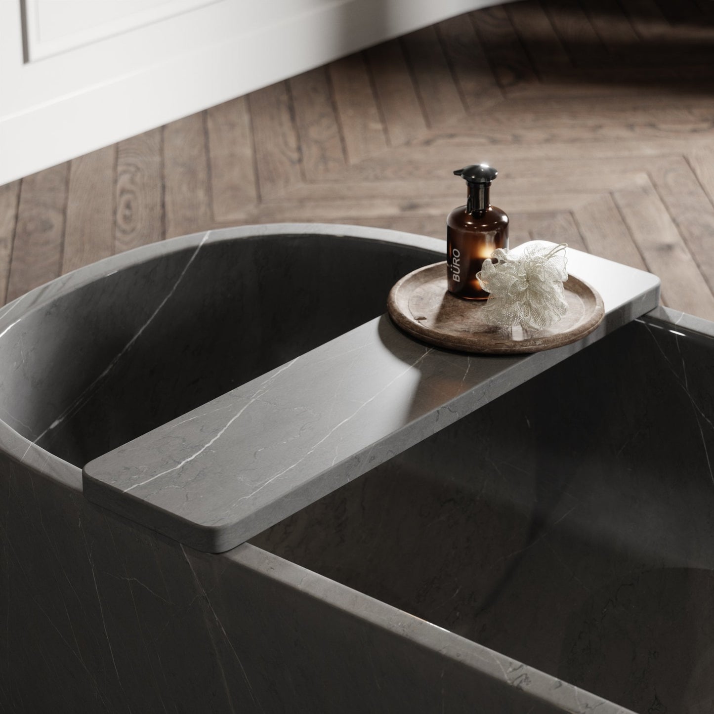 Altamura dark marble freestanding bathtub detail luxury stone bath Eden Stone Designs