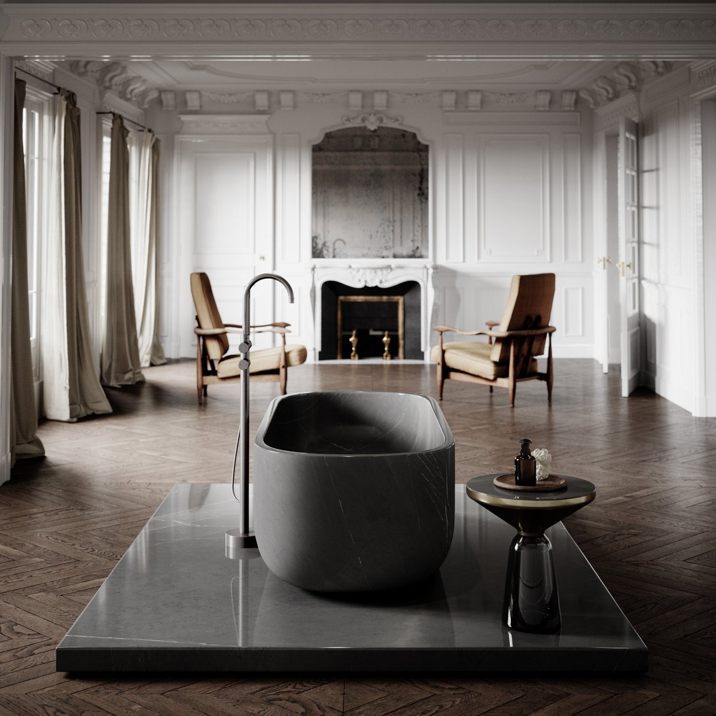 Altamura Pietra Grey marble freestanding bathtub luxury bathroom Eden Stone Designs