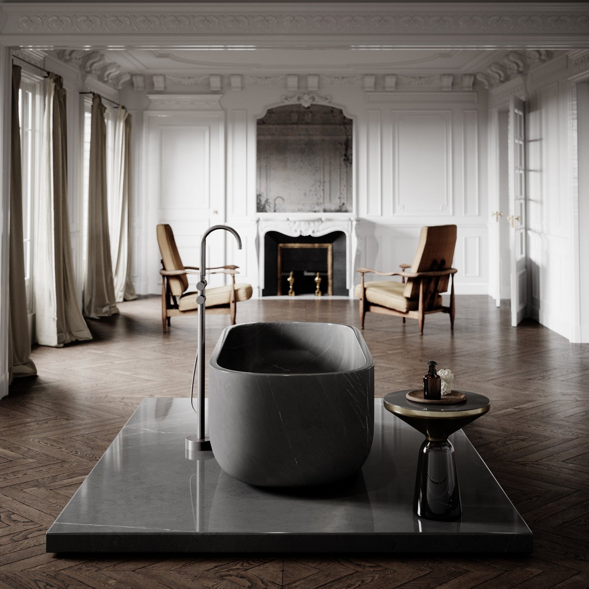 Altamura Pietra Grey marble freestanding bathtub luxury bathroom Eden Stone Designs