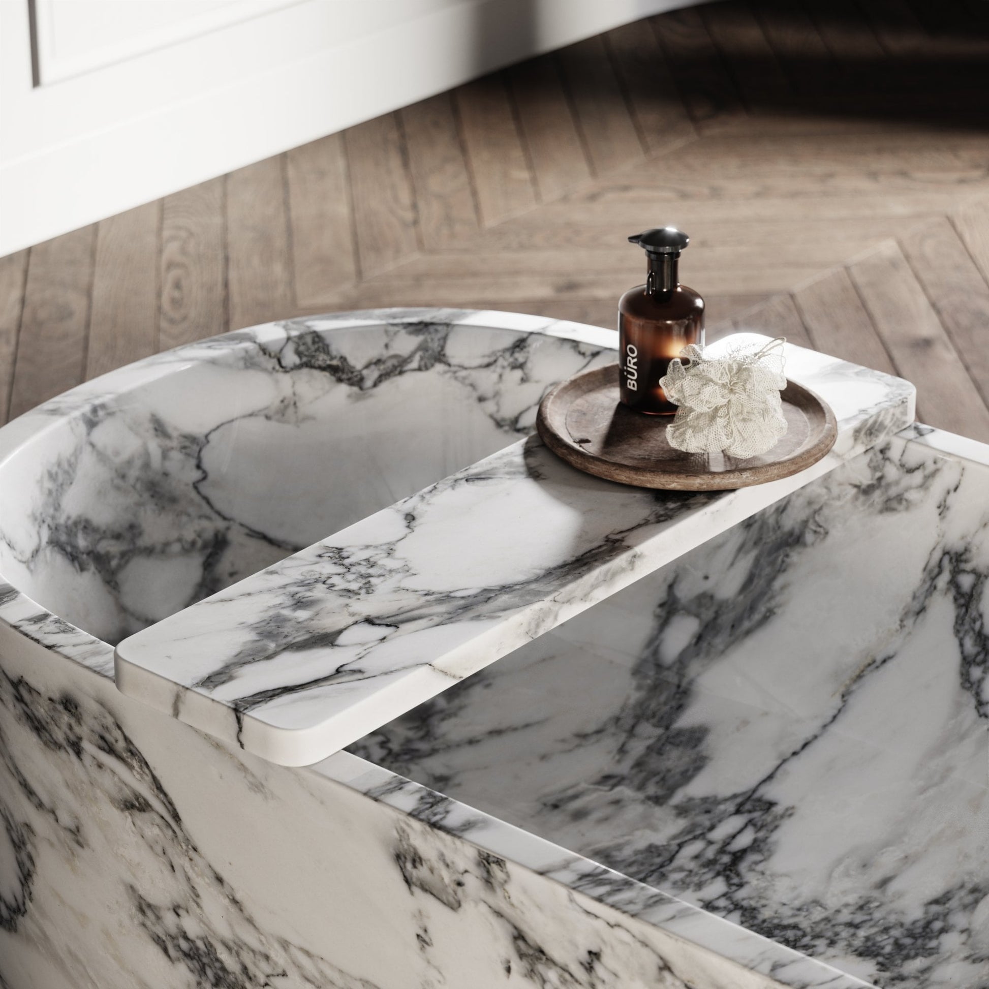 Altamura white marble freestanding bathtub detail luxury stone bath Eden Stone Designs