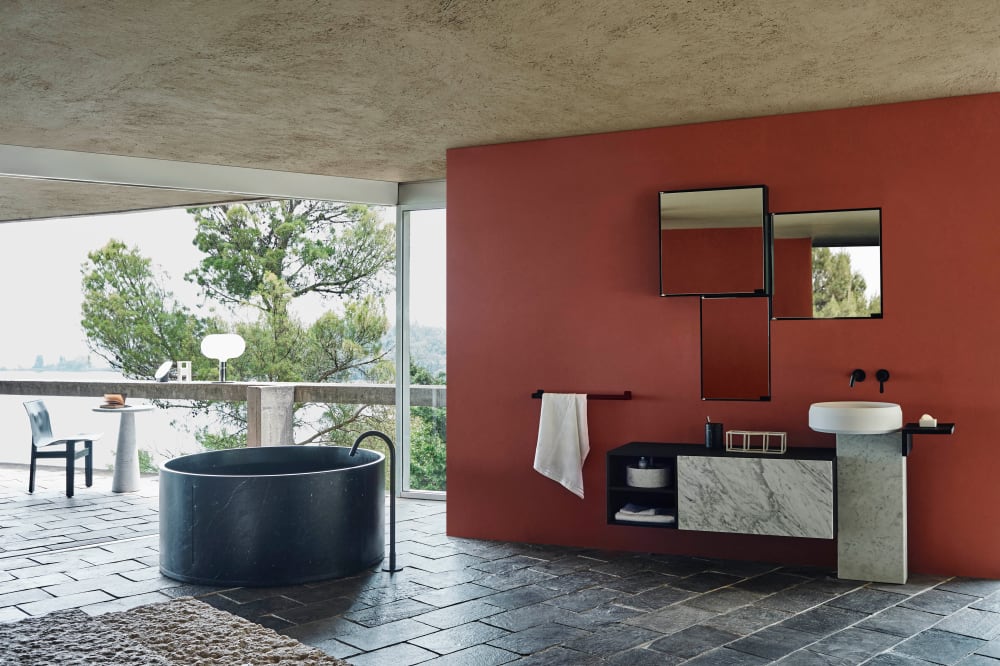 Anfora round black marble freestanding stone bathtub in modern luxury architectural bathroom