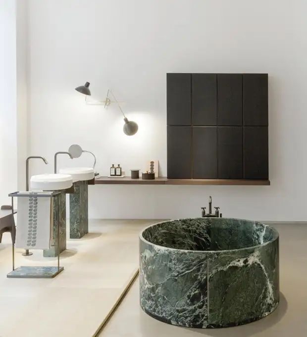 Anfora round green marble freestanding stone bathtub in modern minimalist luxury bathroom