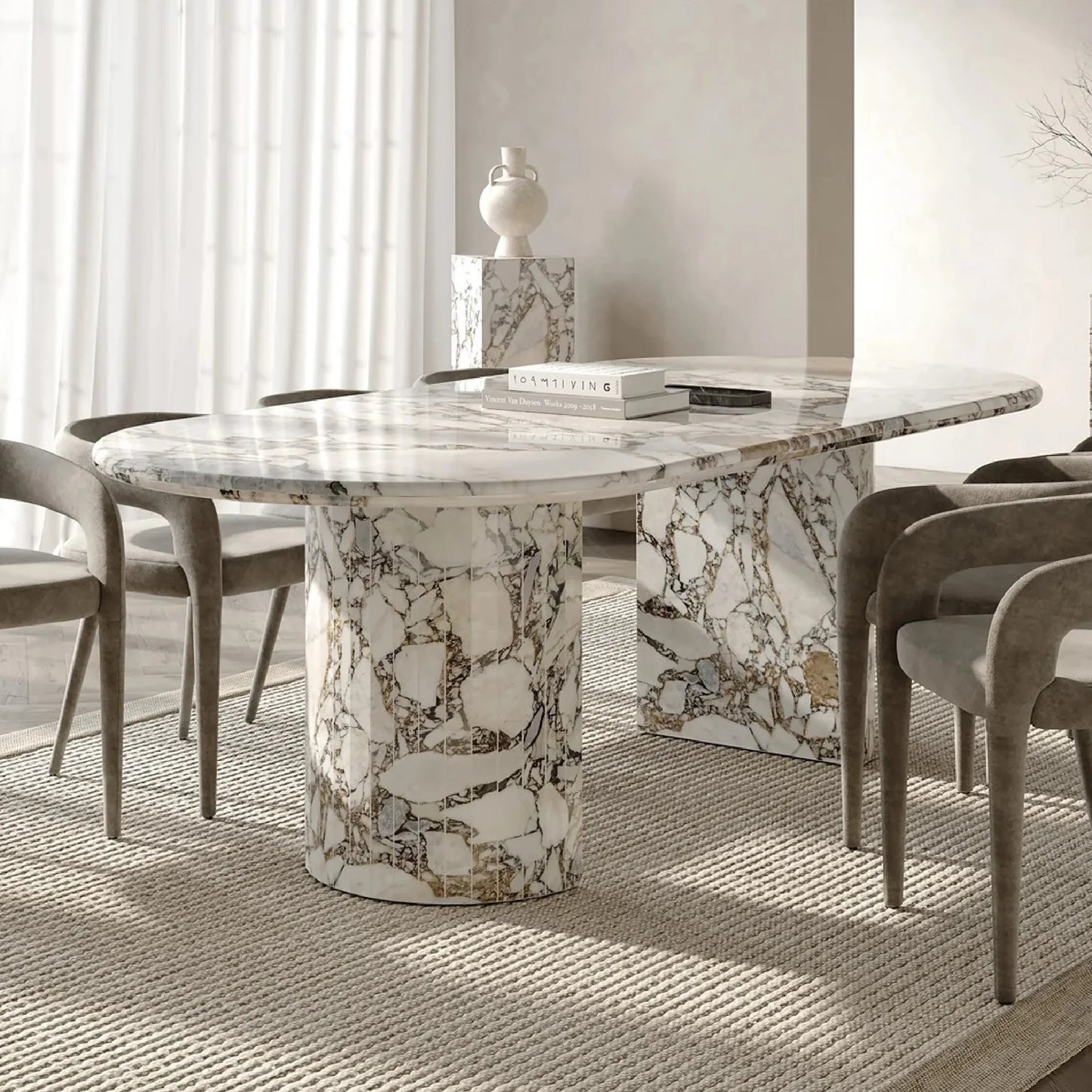Anzio Calacatta Viola marble dining table in luxury dining room interior with upholstered chairs