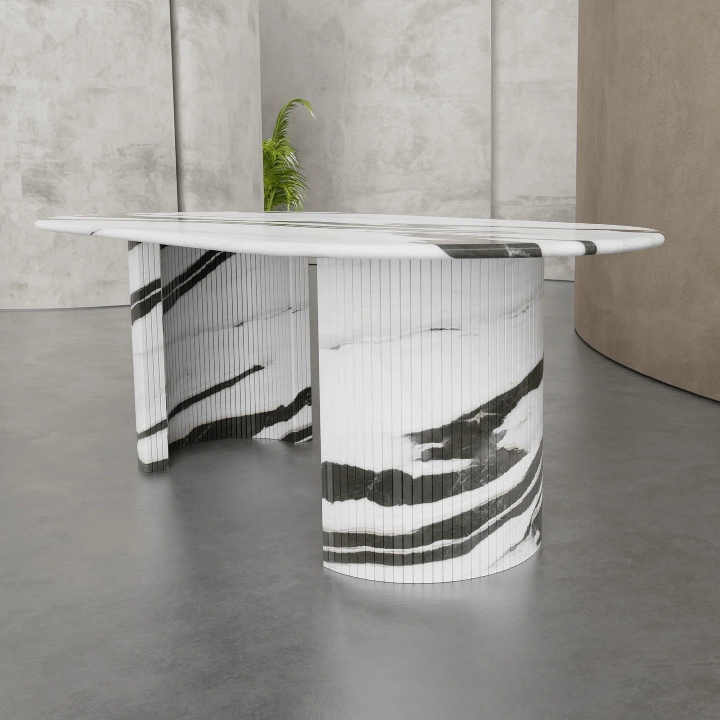 Anzio panda marble dining table with bold black and white natural stone veining in modern interior