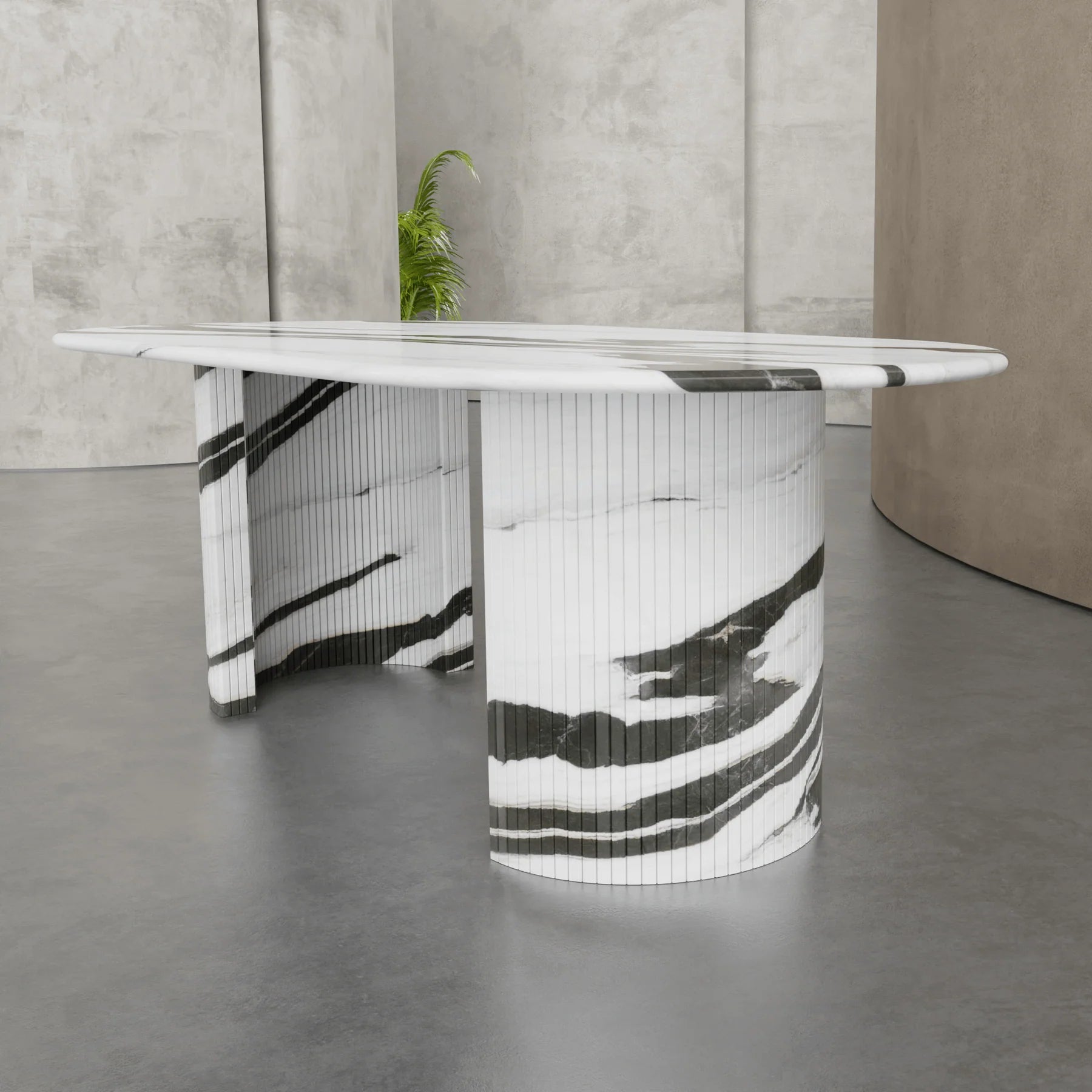 Anzio panda marble dining table with bold black and white natural stone veining in modern interior