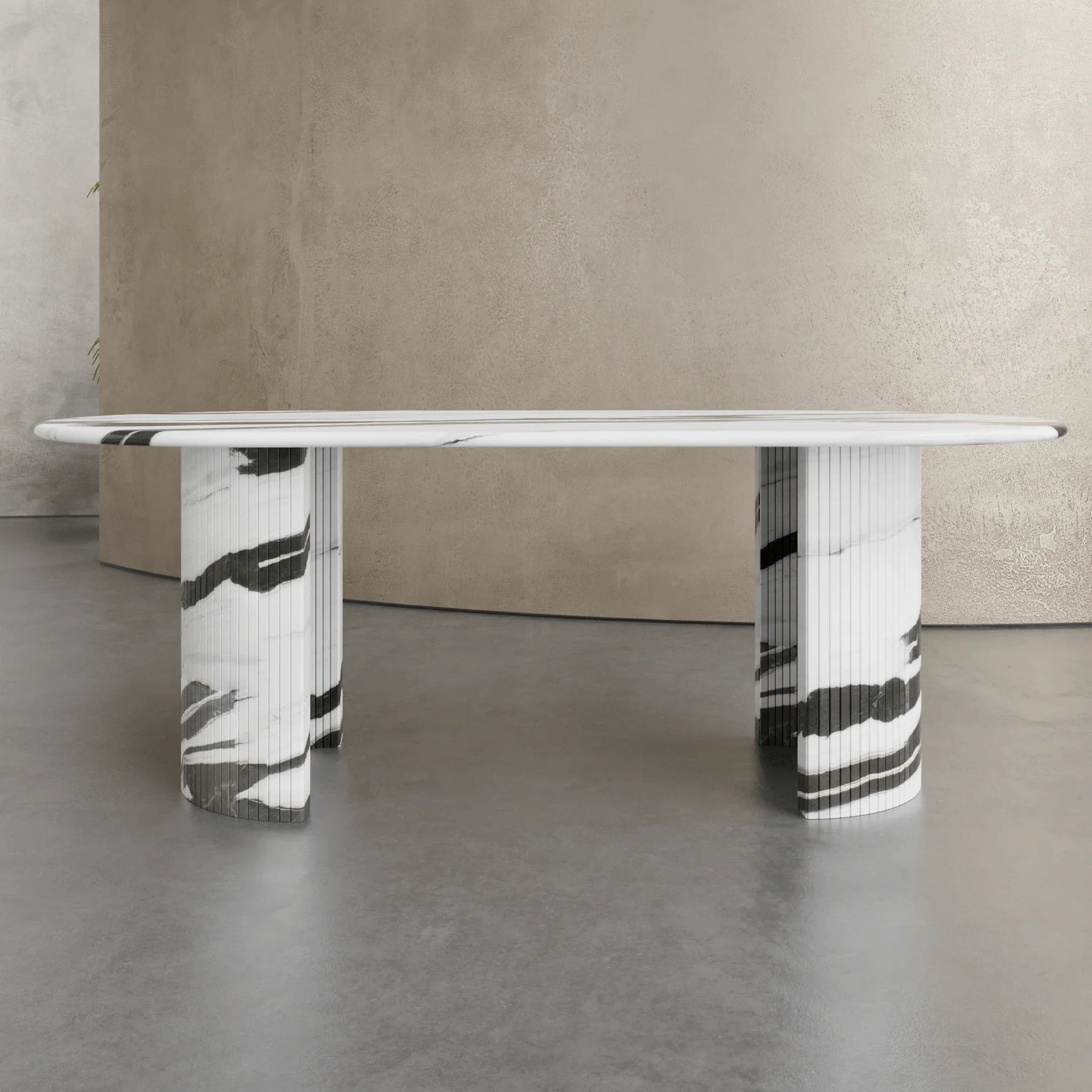 Front view of Anzio panda marble dining table with bold black and white natural stone veining