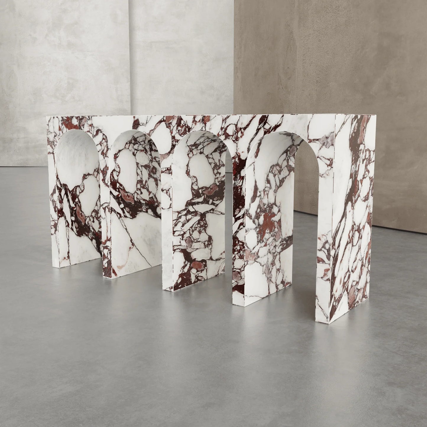 Arca console table in Calacatta Viola marble with sculptural arches