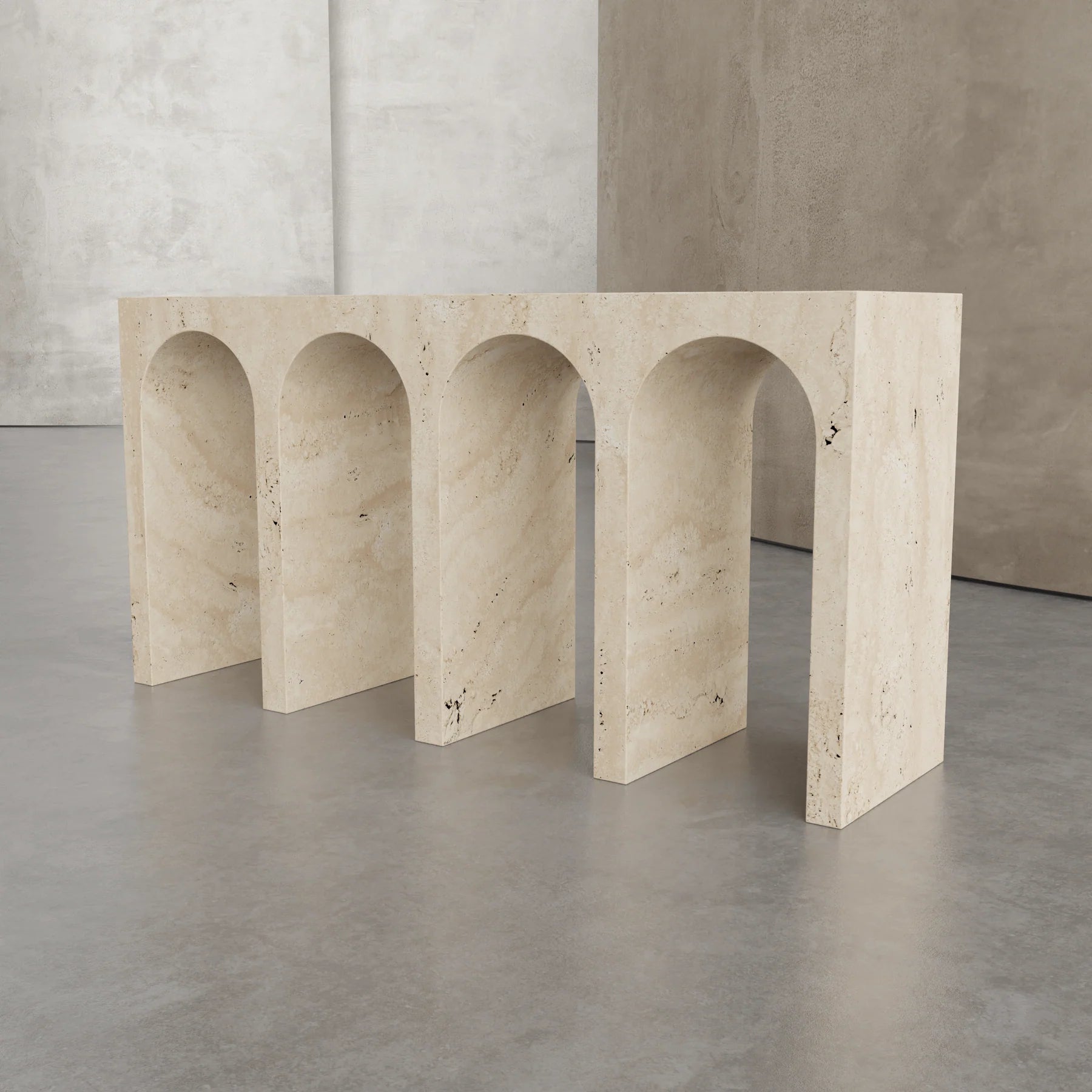 Arca console table in classic travertine with sculptural arches