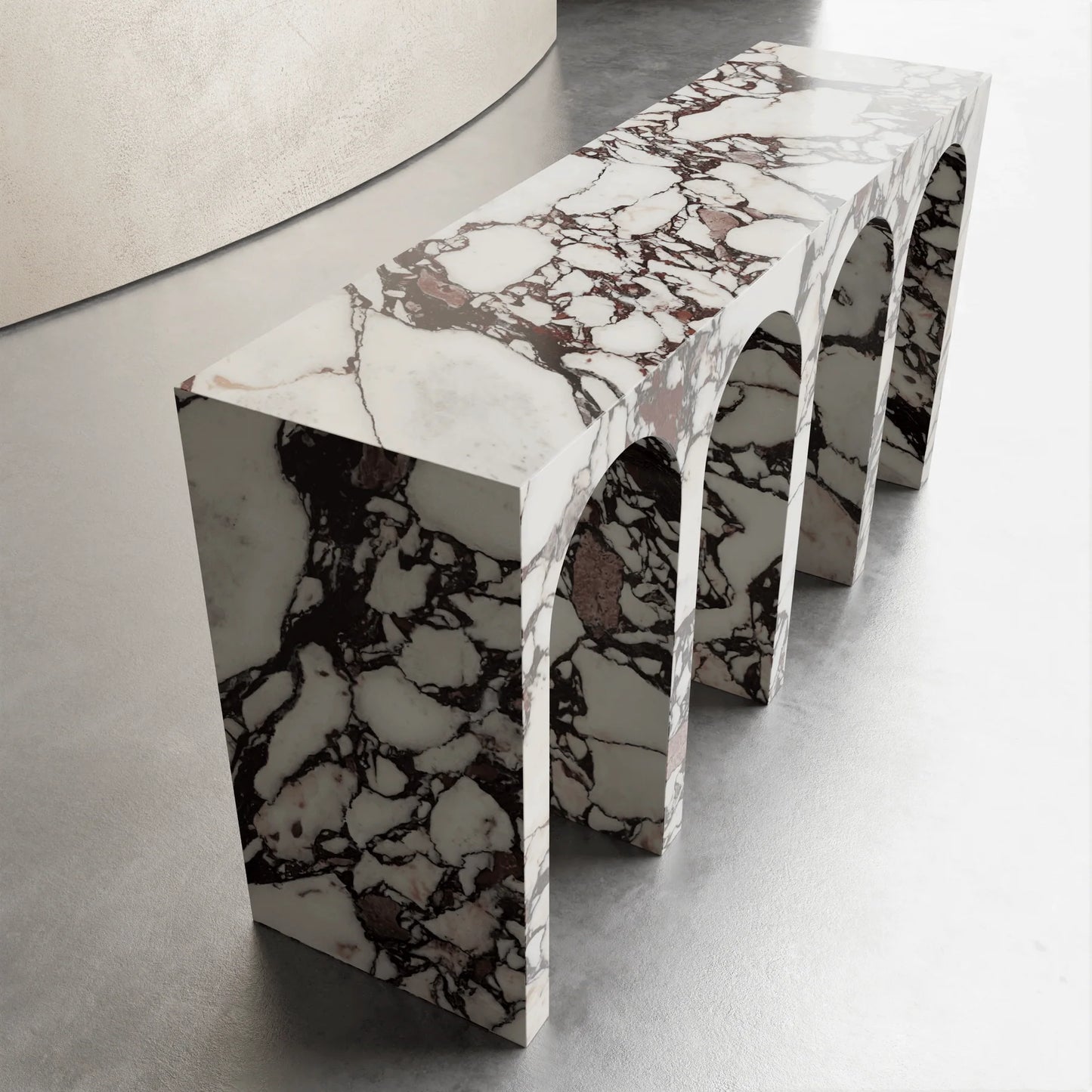 Arca console table in Calacatta Viola marble with sculptural arches