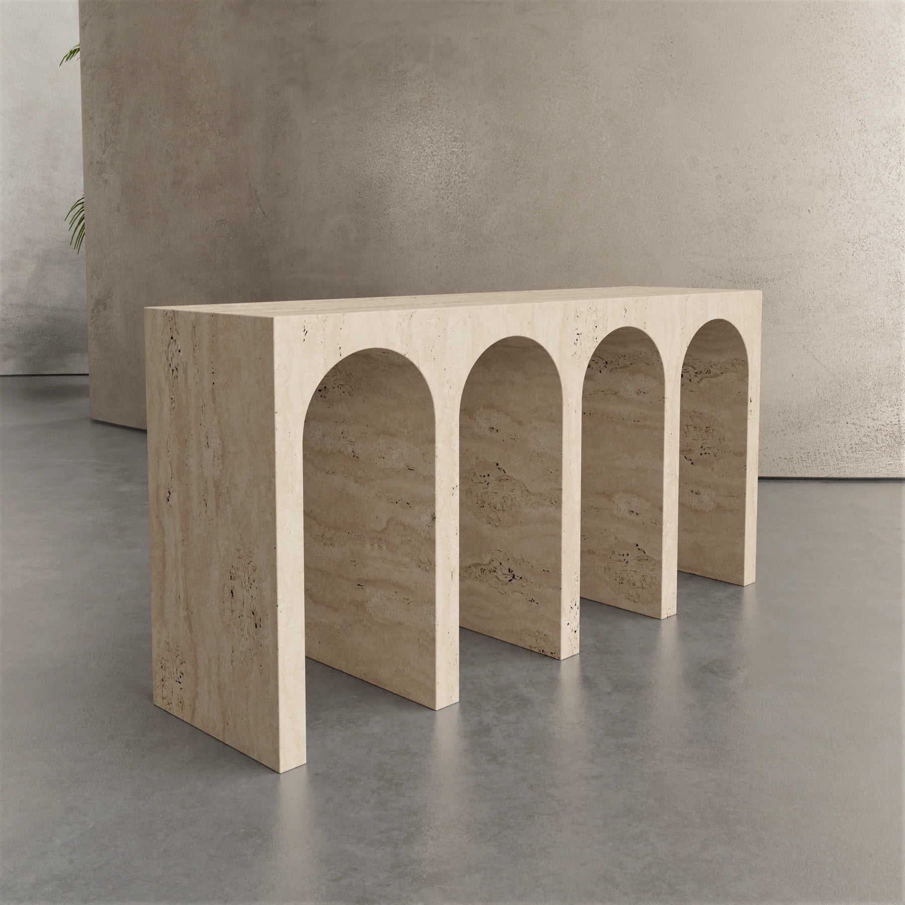 Arca travertine console table with sculptural arches