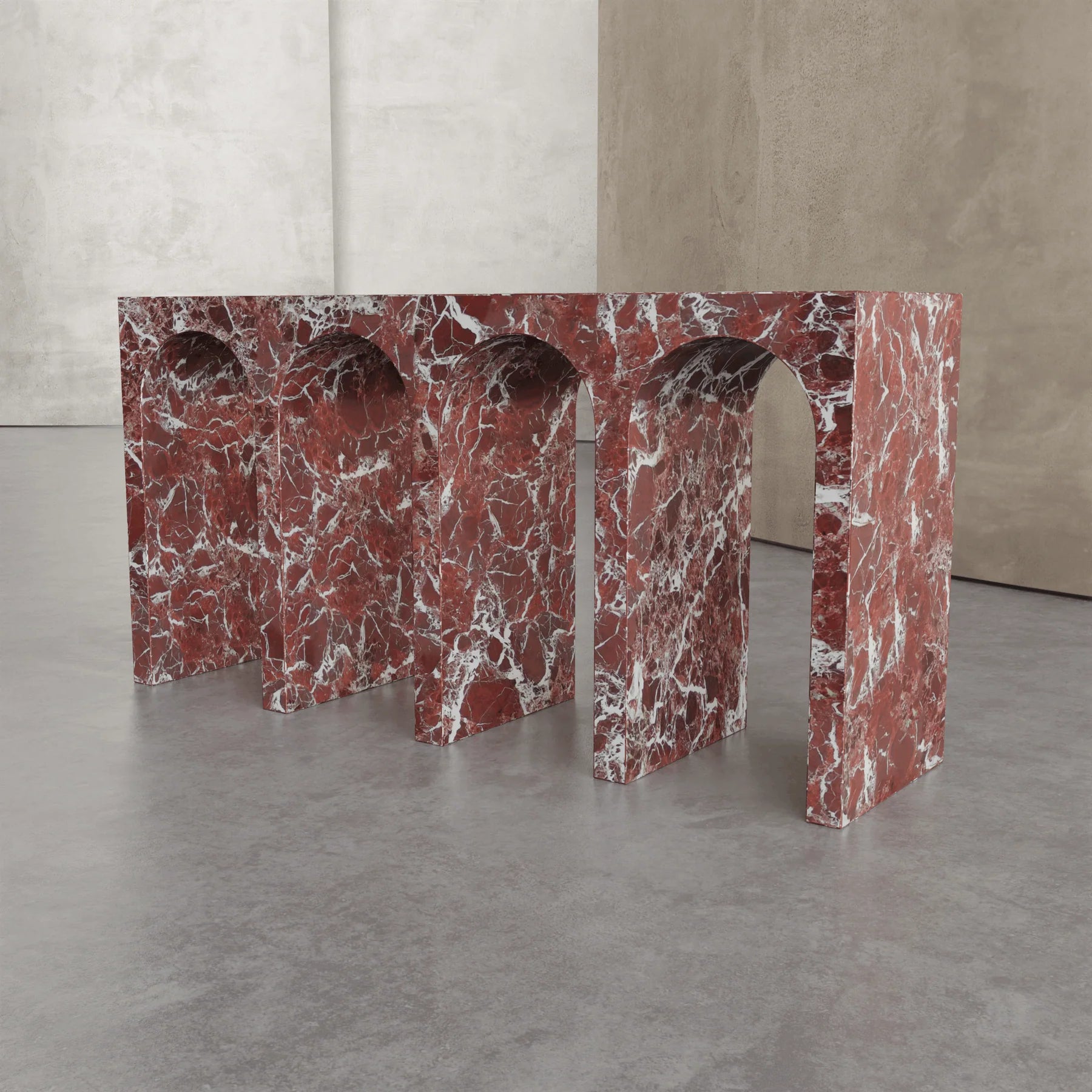 Arca console table in Rosso Levanto marble with sculptural arches