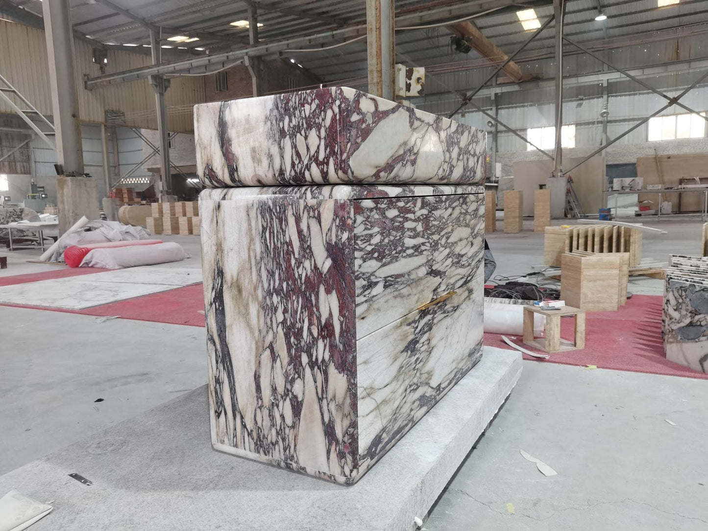 Calacatta Viola marble vanity full form in workshop showing natural stone veining and handcrafted design