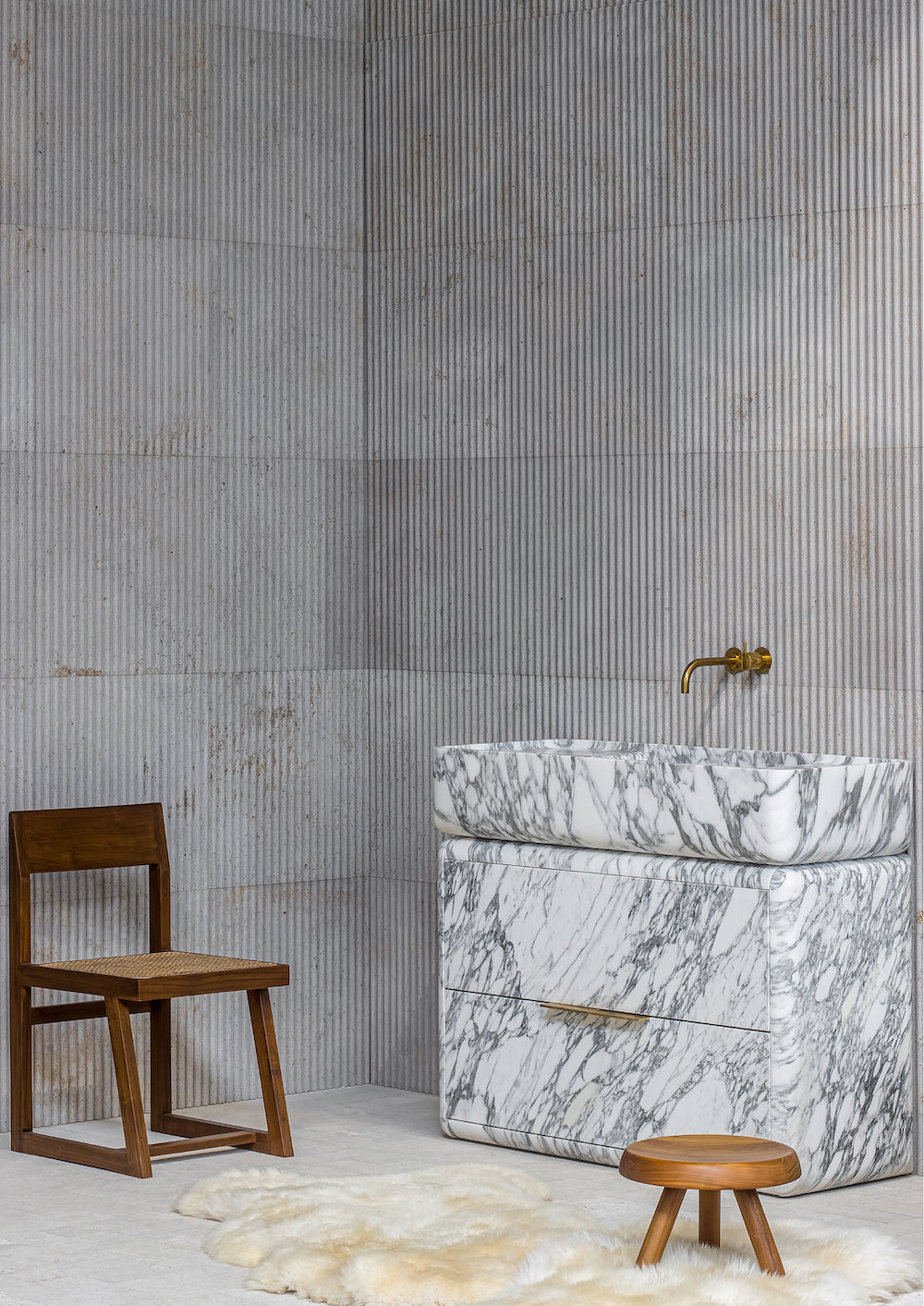 Luxury marble bathroom vanity in architectural interior with natural textures and minimalist design
