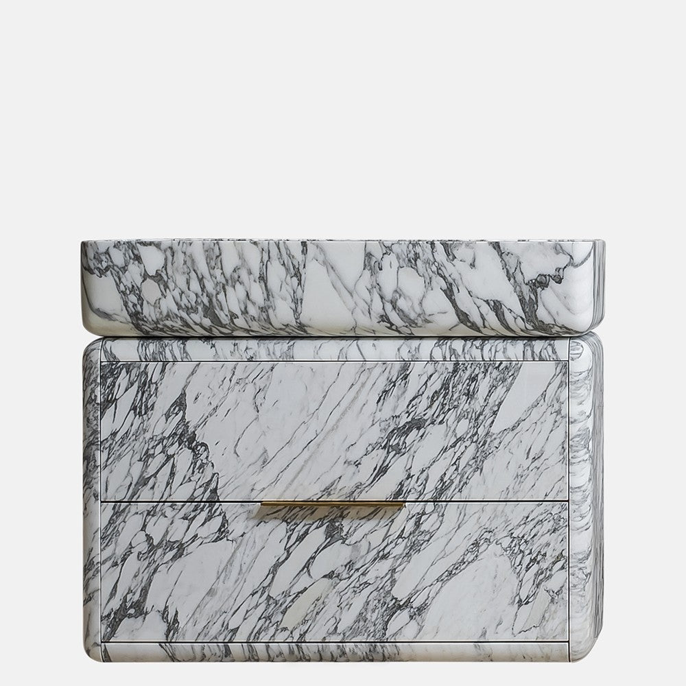 Luxury marble bathroom vanity with drawer and integrated sink on white background