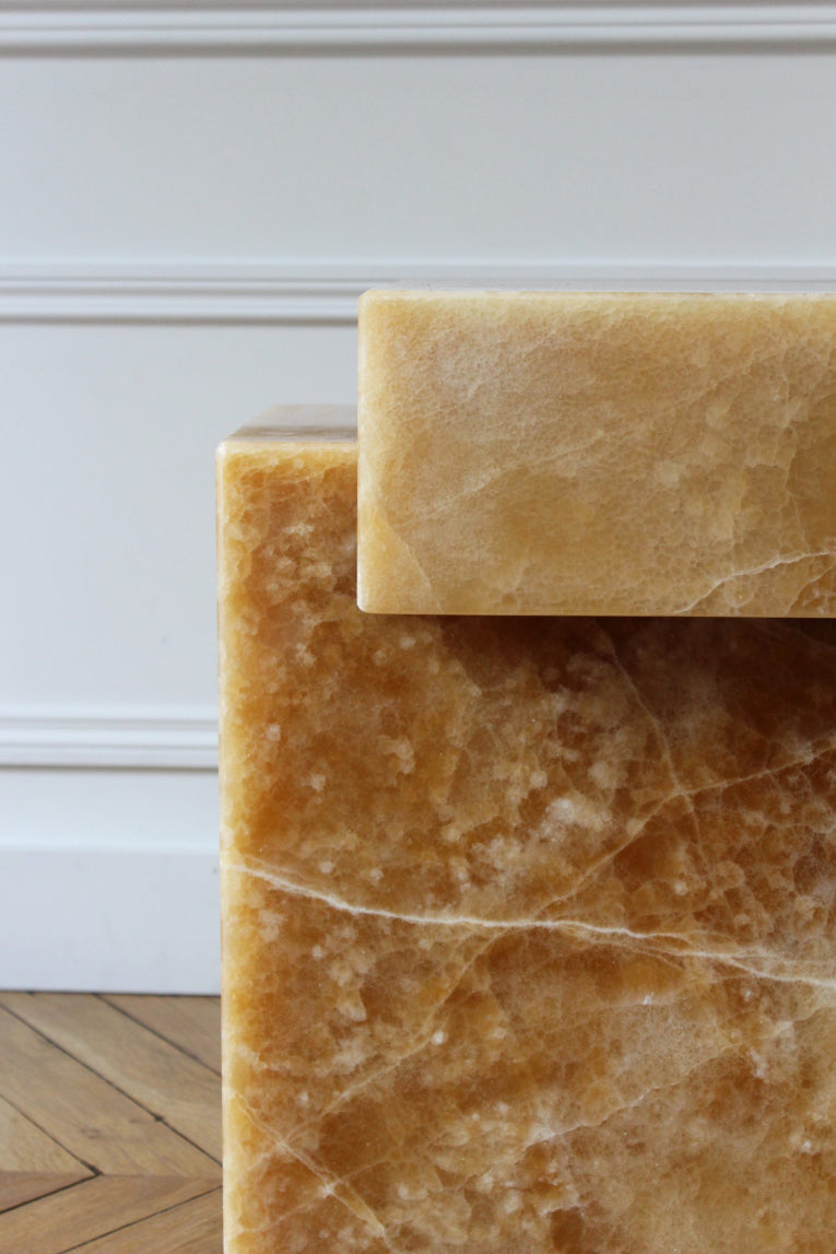 Honey onyx detail of Bari side table by Eden Stone Designs