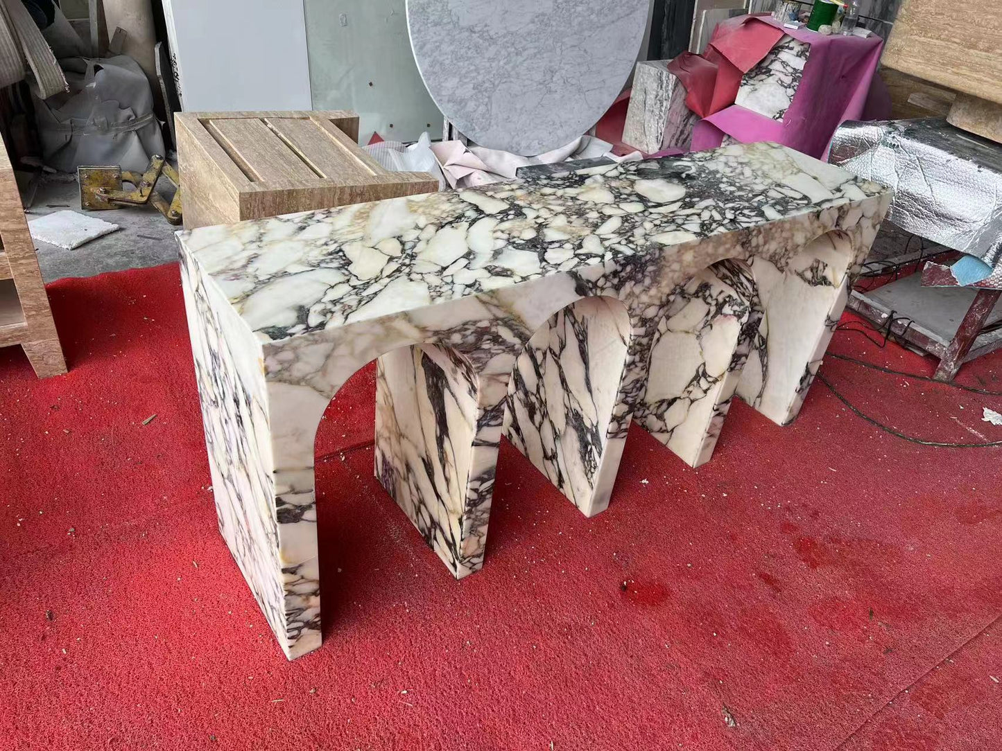 Calacatta Viola marble Arca console table in stone workshop