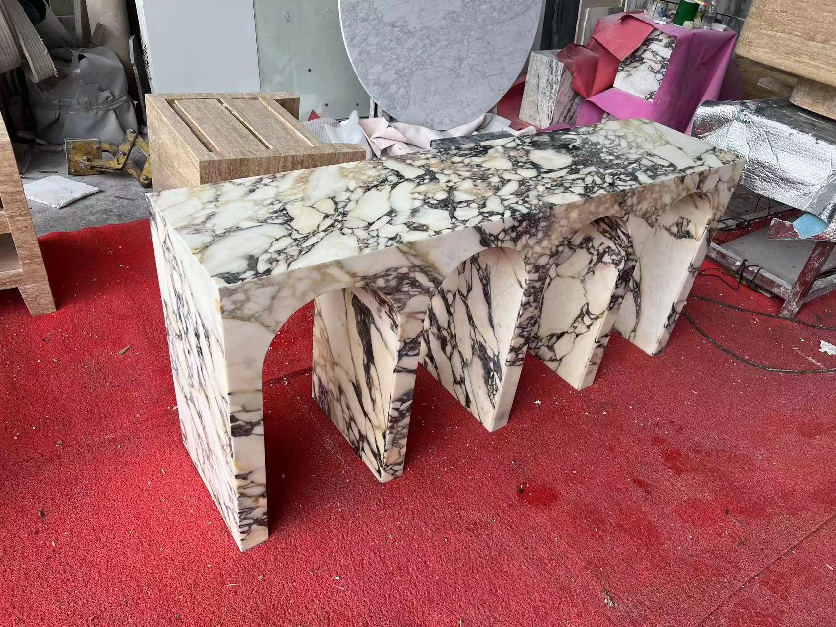 Calacatta Viola marble Arca console table in stone workshop
