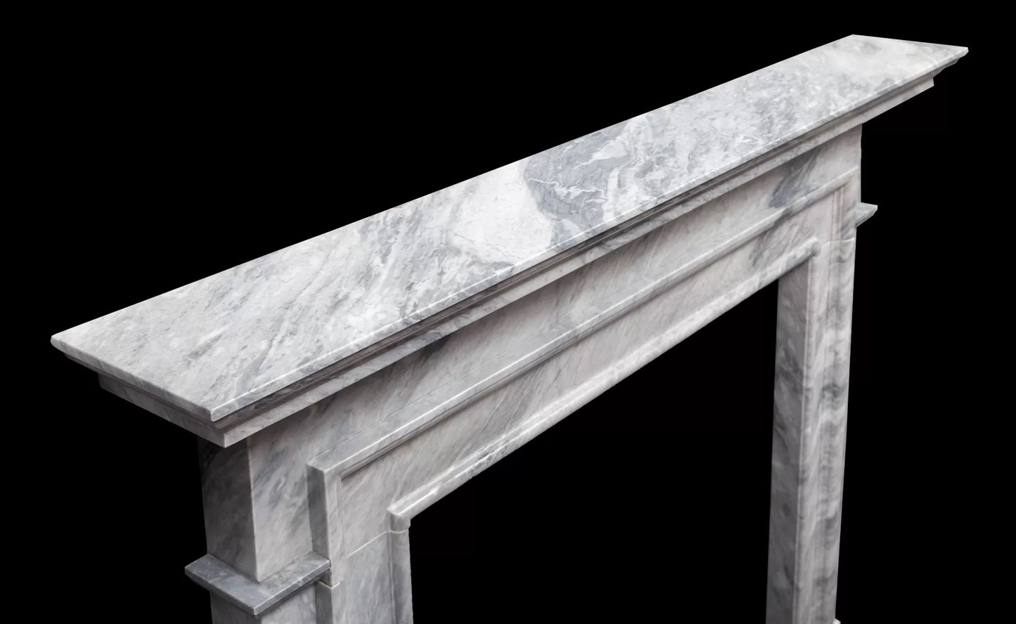Claremont grey marble fireplace mantel perspective view by Eden Stone Designs