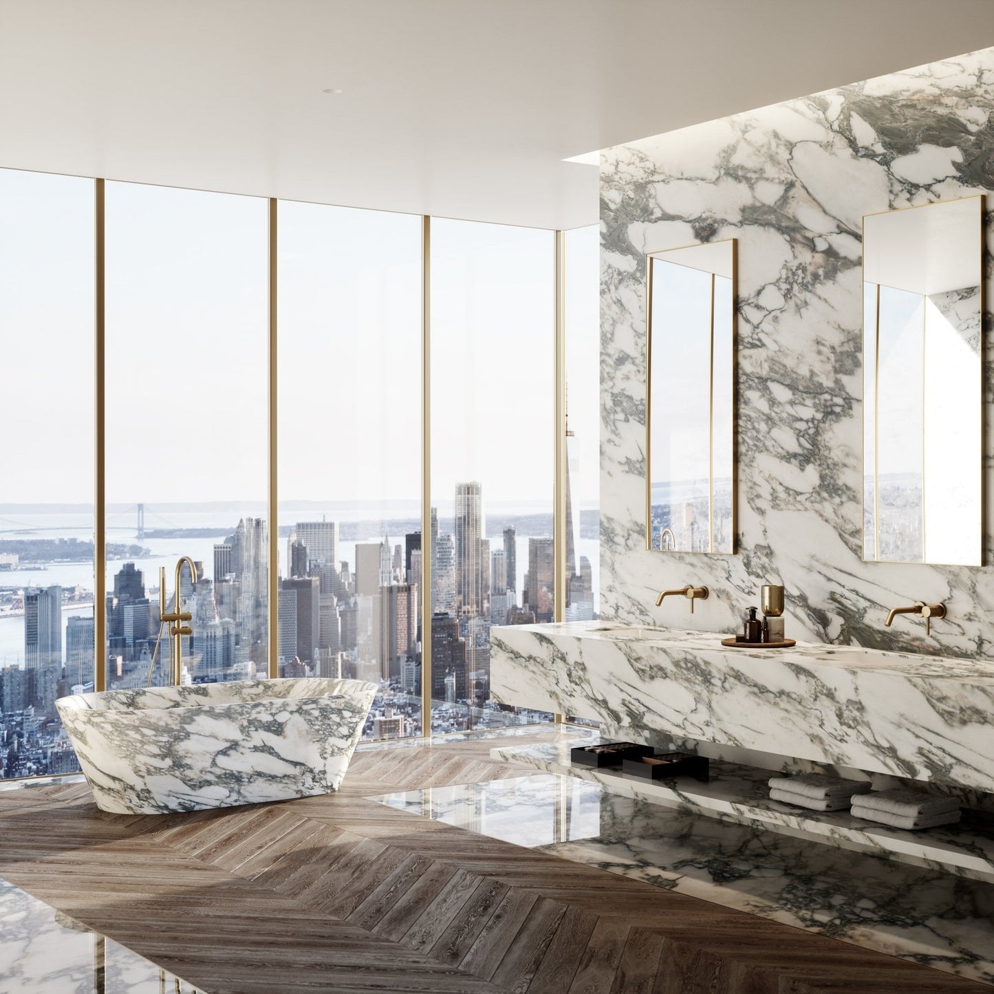 Cosenza Arabescato marble freestanding bathtub luxury bathroom interior by Eden Stone Designs