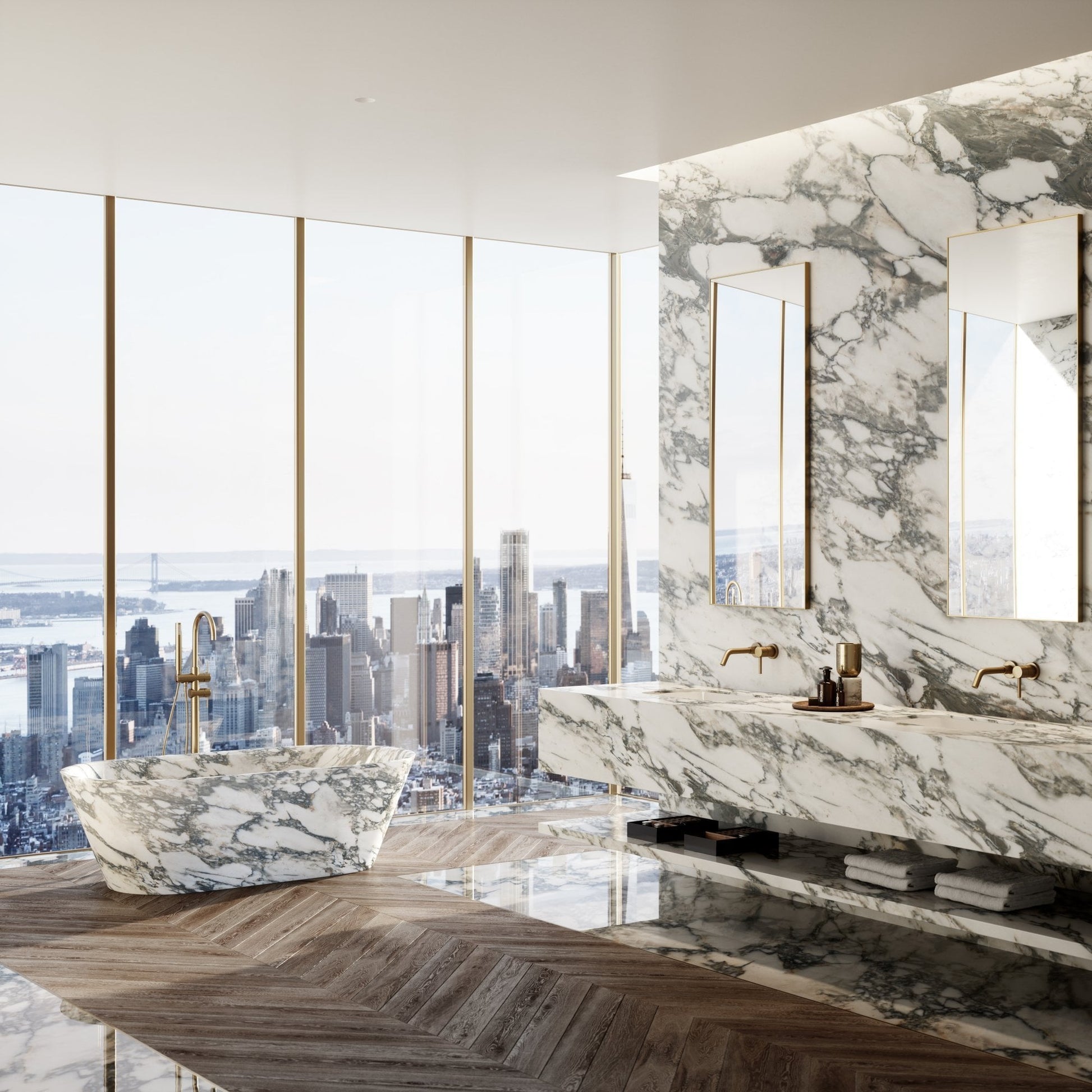 Cosenza Arabescato marble freestanding bathtub luxury bathroom interior by Eden Stone Designs