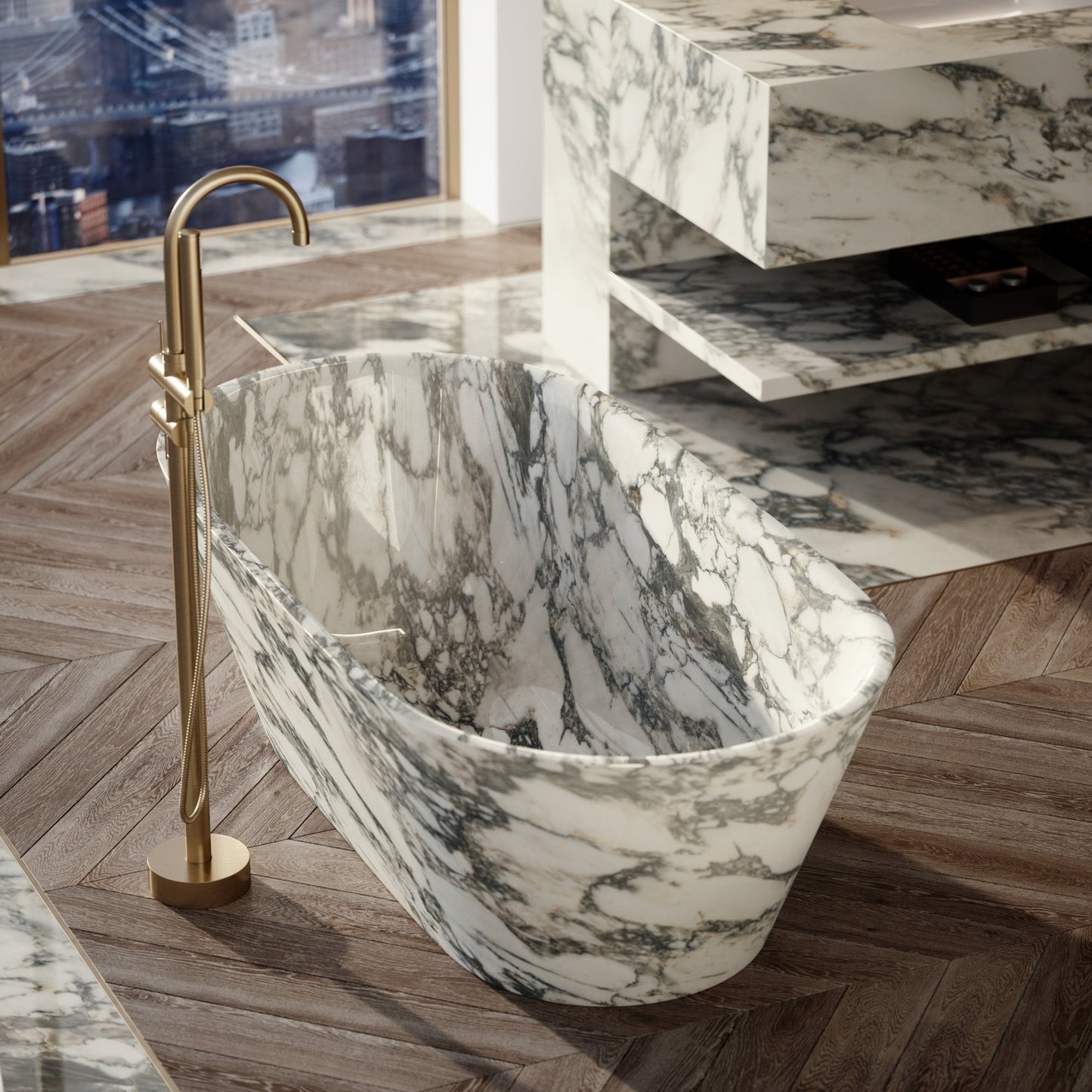 Cosenza Arabescato marble freestanding bathtub luxury stone bath by Eden Stone Designs