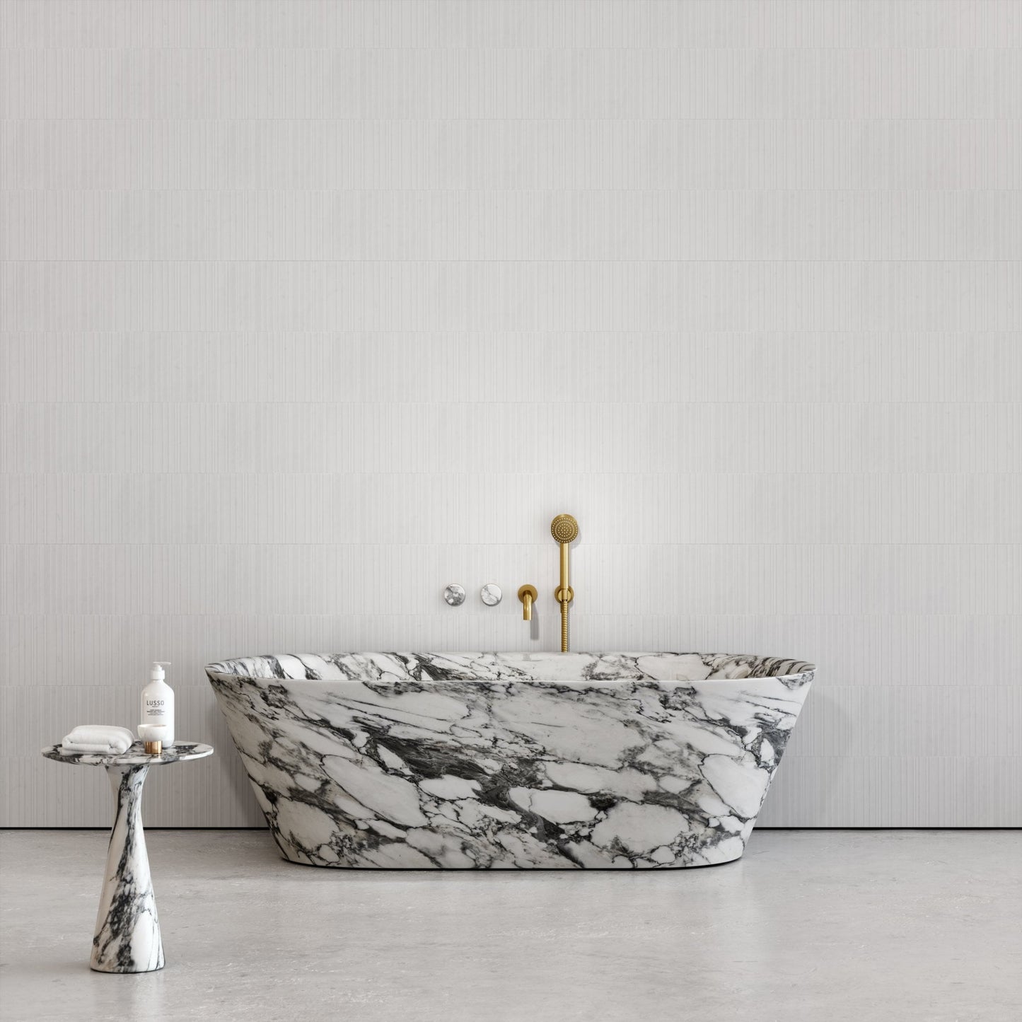 Cosenza Arabescato marble freestanding bathtub luxury bathroom by Eden Stone Designs