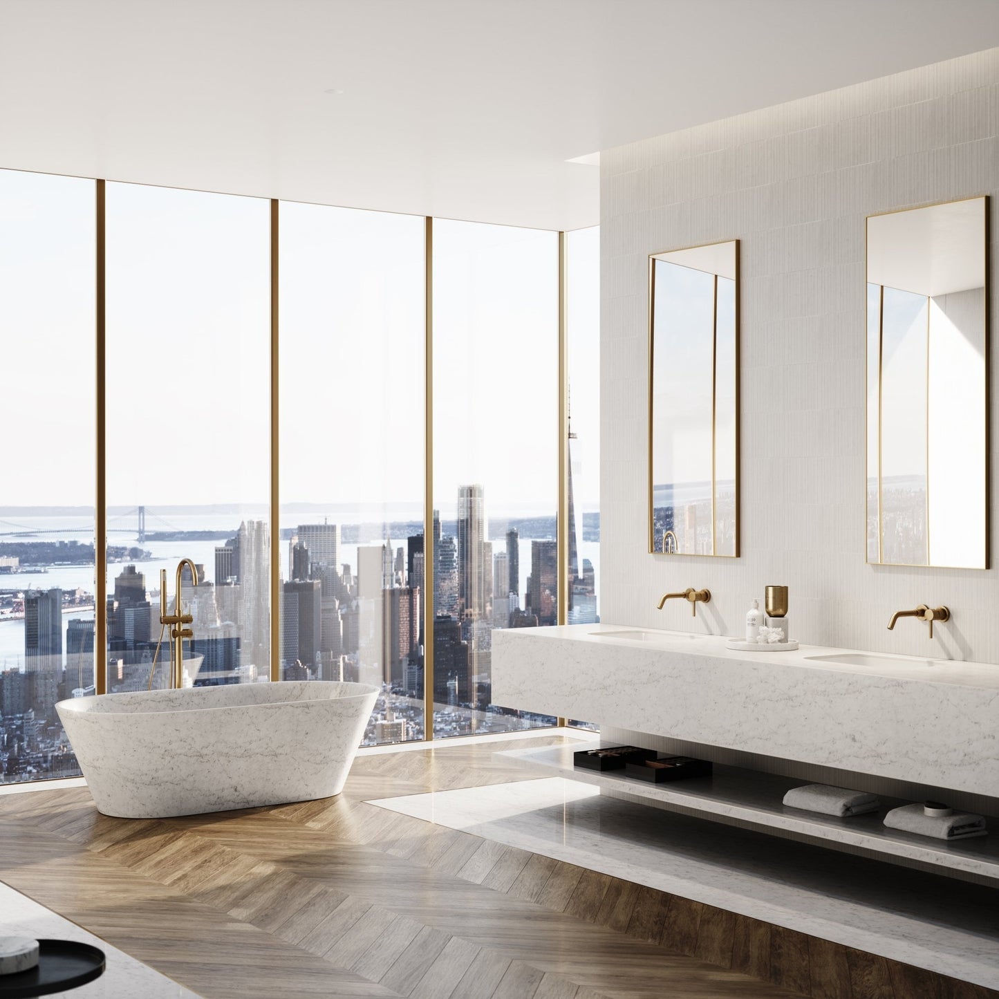 Cosenza Carrara marble freestanding bathtub in luxury modern bathroom by Eden Stone Designs