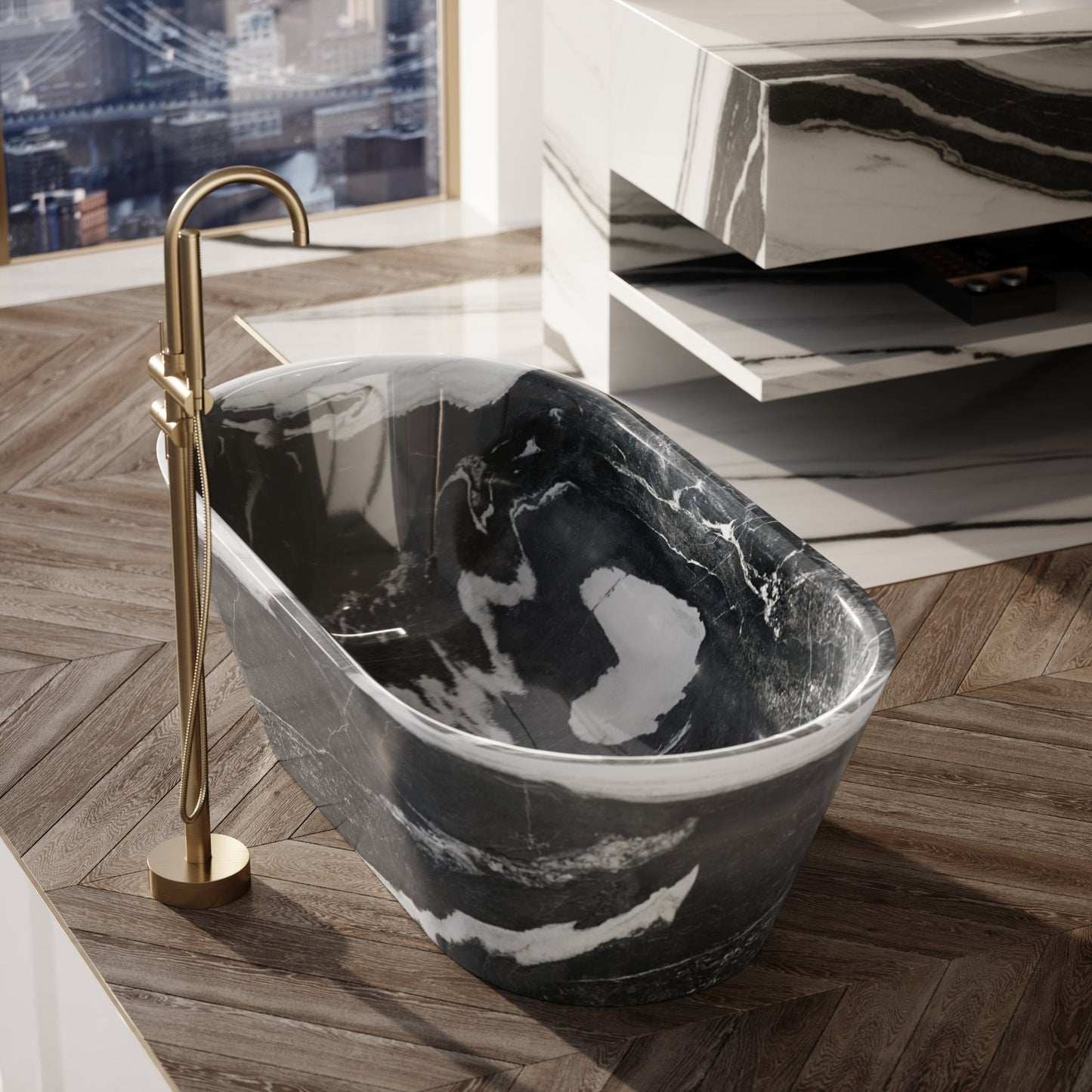 Cosenza panda marble freestanding bathtub black and white marble bath by Eden Stone Designs