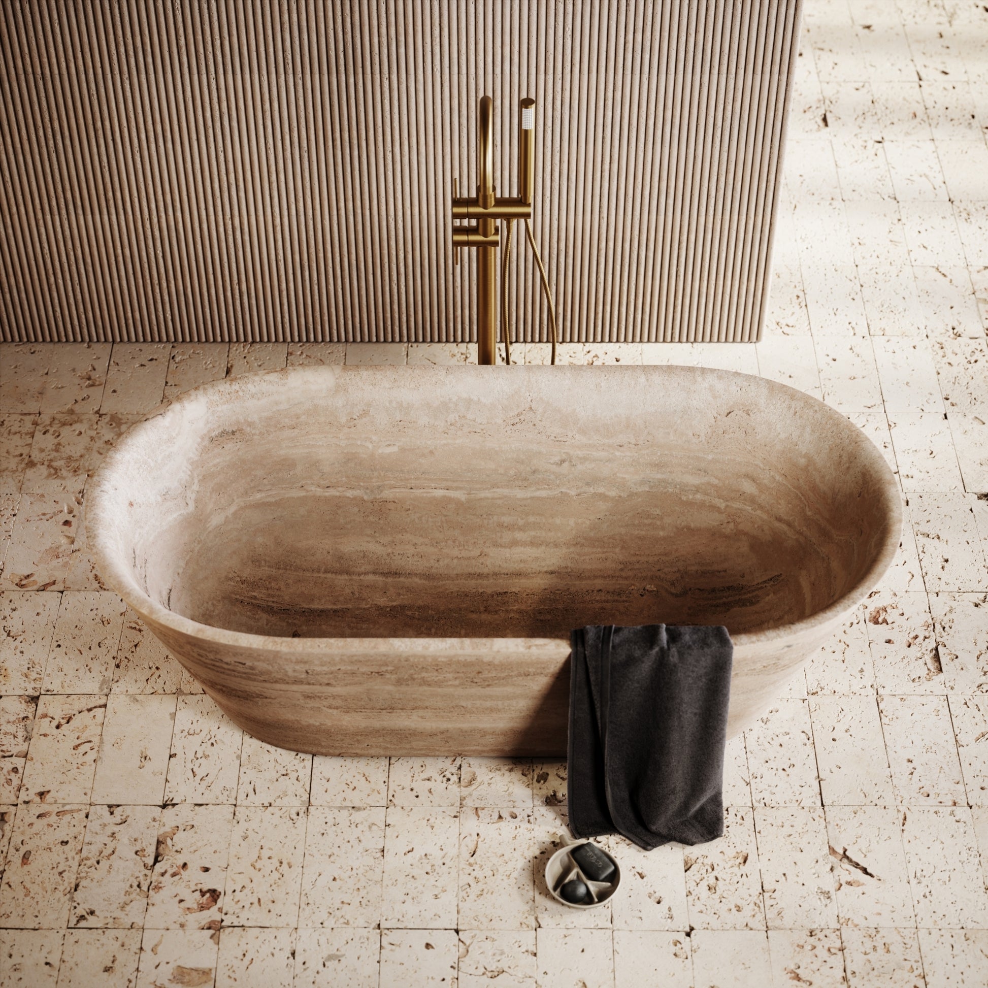 Cosenza travertine freestanding stone bathtub luxury bathroom design by Eden Stone Designs