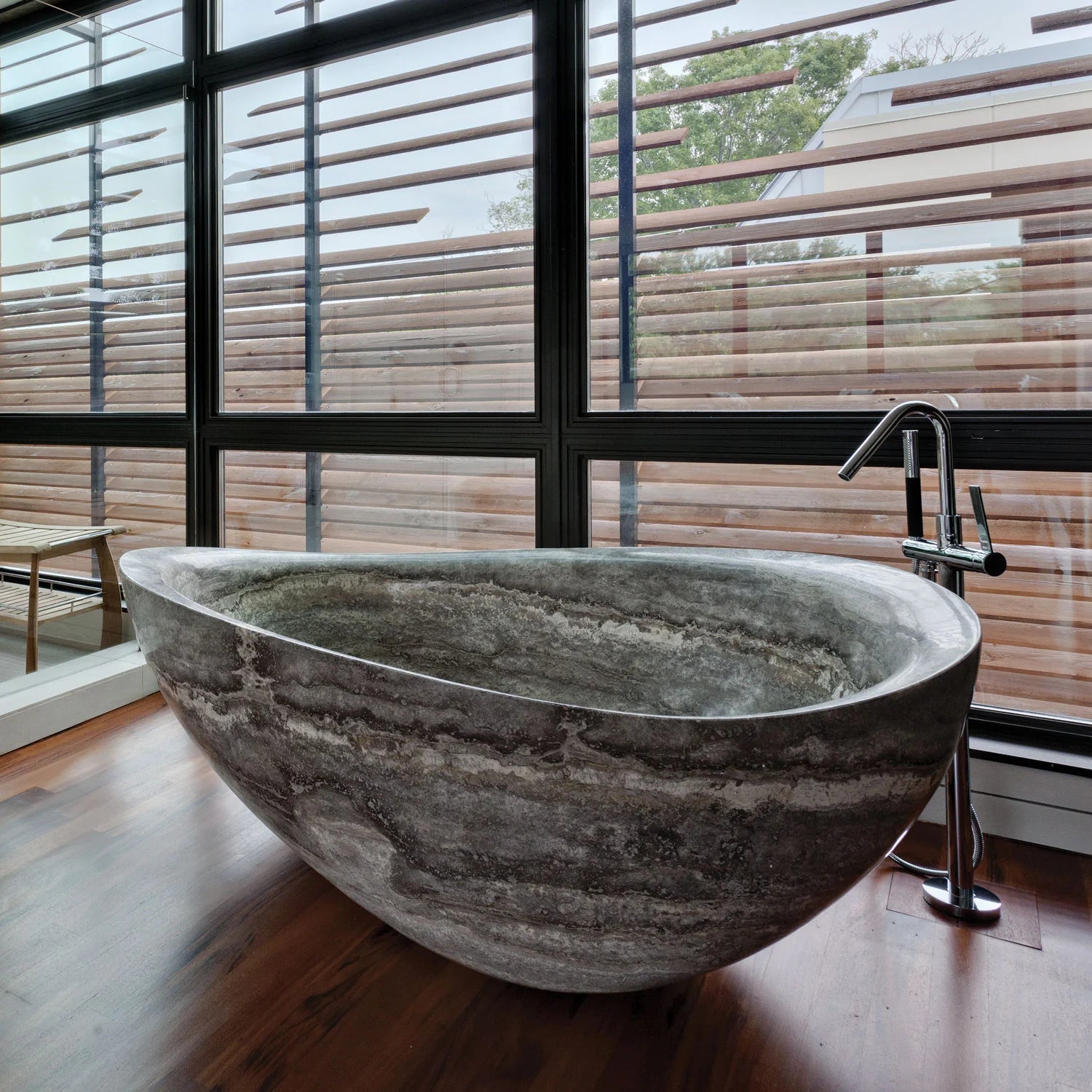 Cremona dark natural stone freestanding bathtub luxury modern bathroom Eden Stone Designs