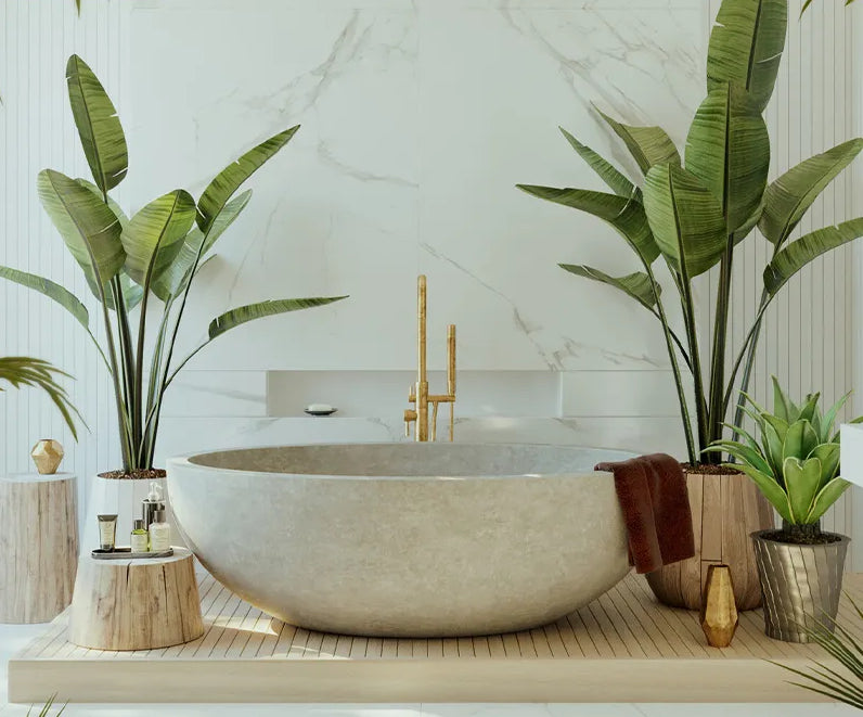 Cremona marble freestanding bathtub in luxury spa bathroom by Eden Stone Designs