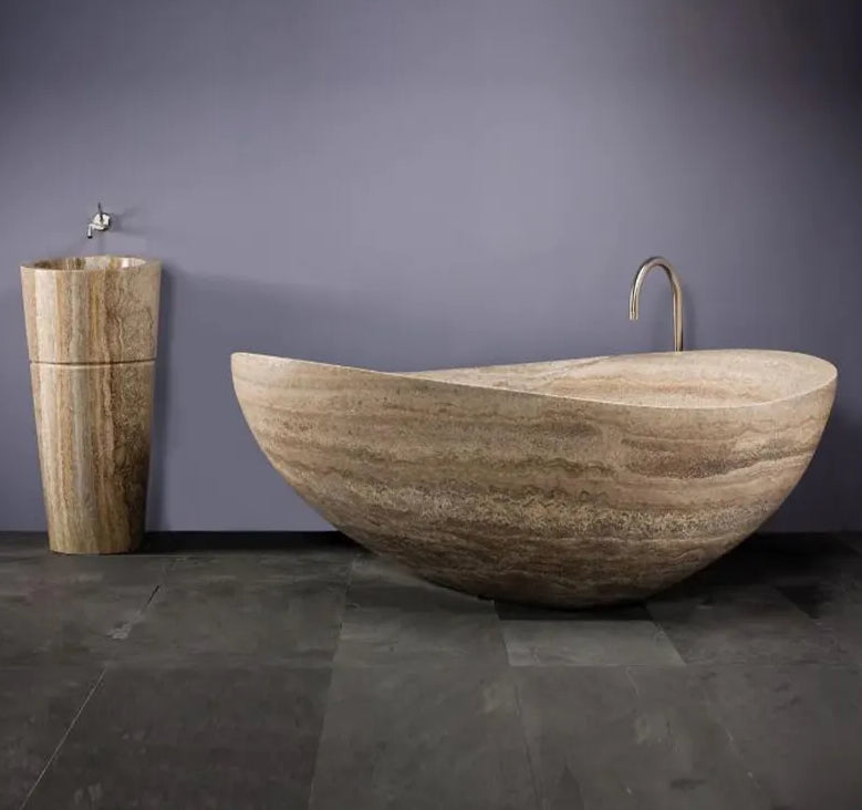 Cremona travertine freestanding bathtub luxury natural stone bath Eden Stone Designs