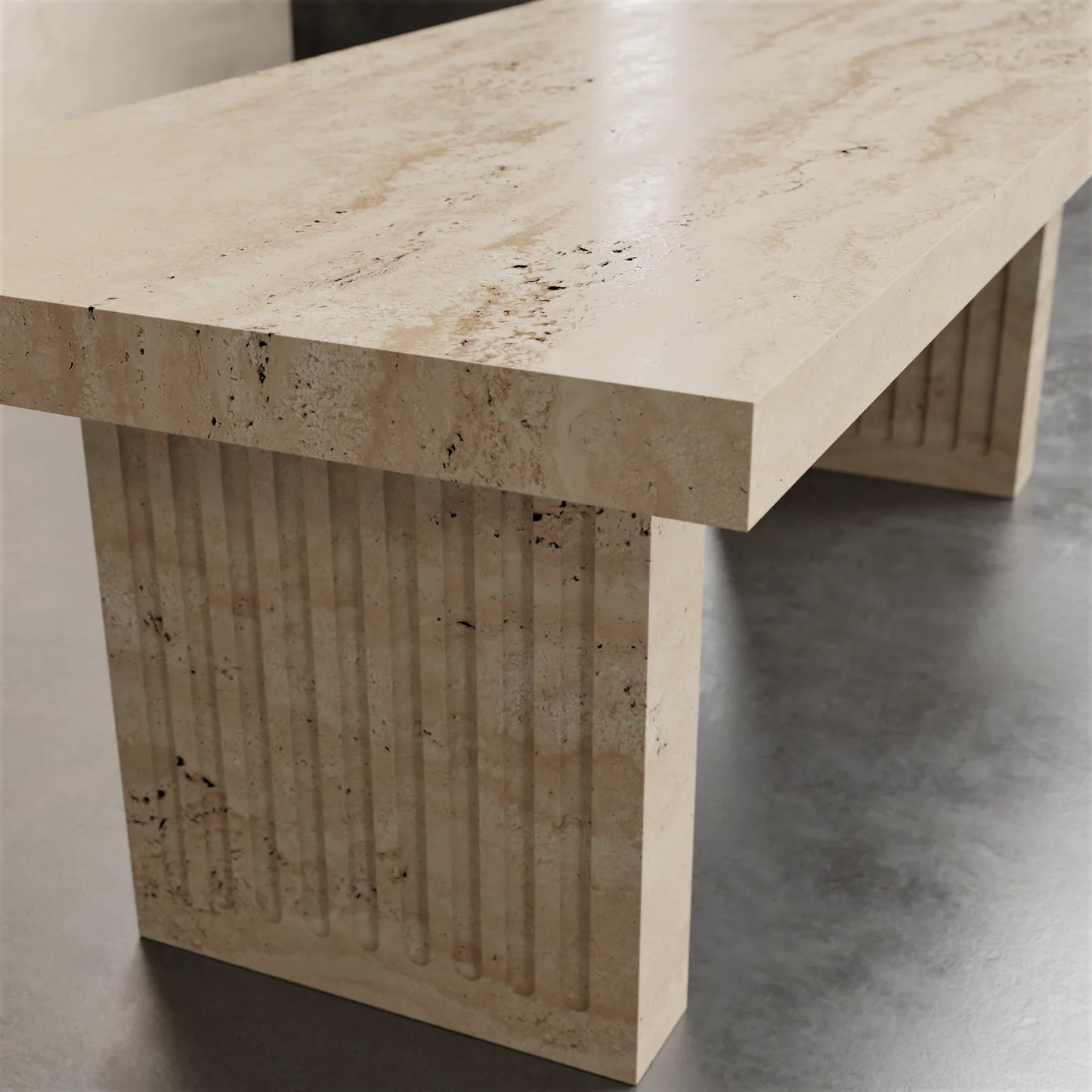 Siena travertine dining table detail by Eden Stone Designs luxury natural travertine dining table with fluted sculptural base