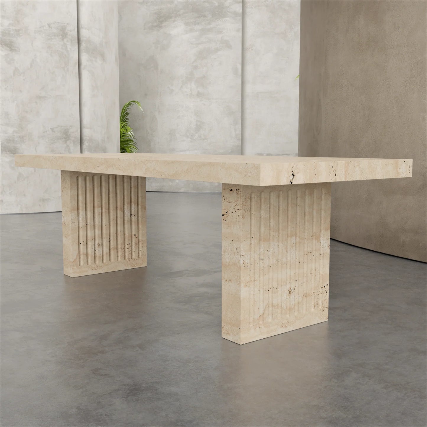 Siena travertine dining table by Eden Stone Designs luxury natural travertine dining table with fluted sculptural base