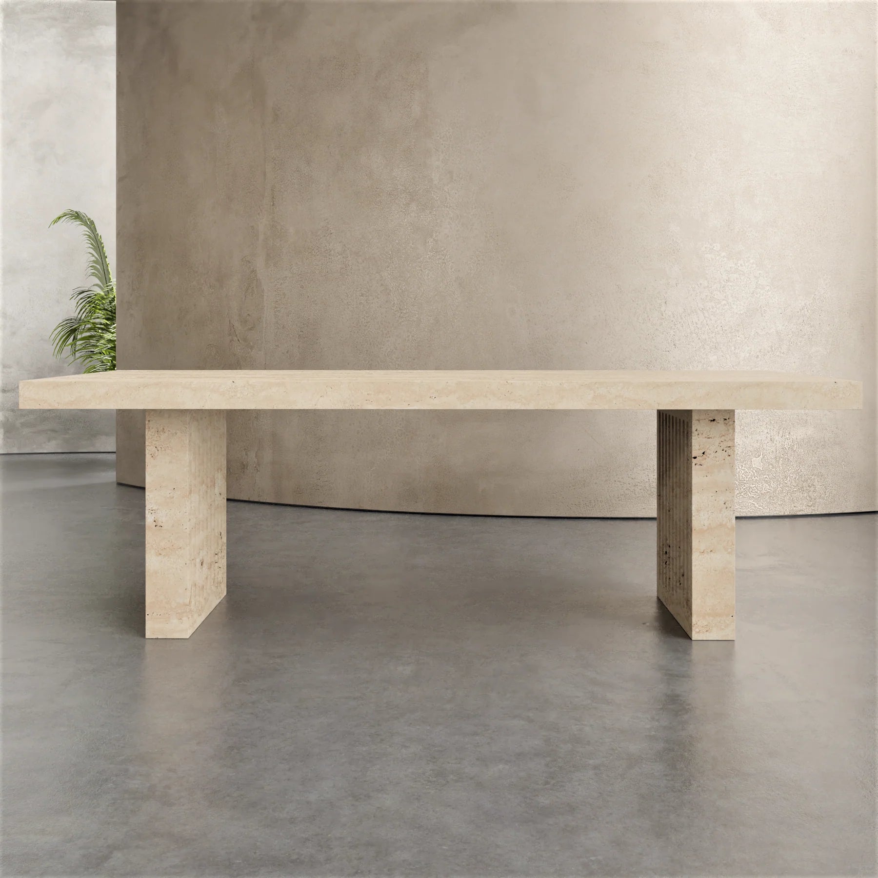 Siena travertine dining table by Eden Stone Designs luxury natural travertine dining table with sculptural architectural base