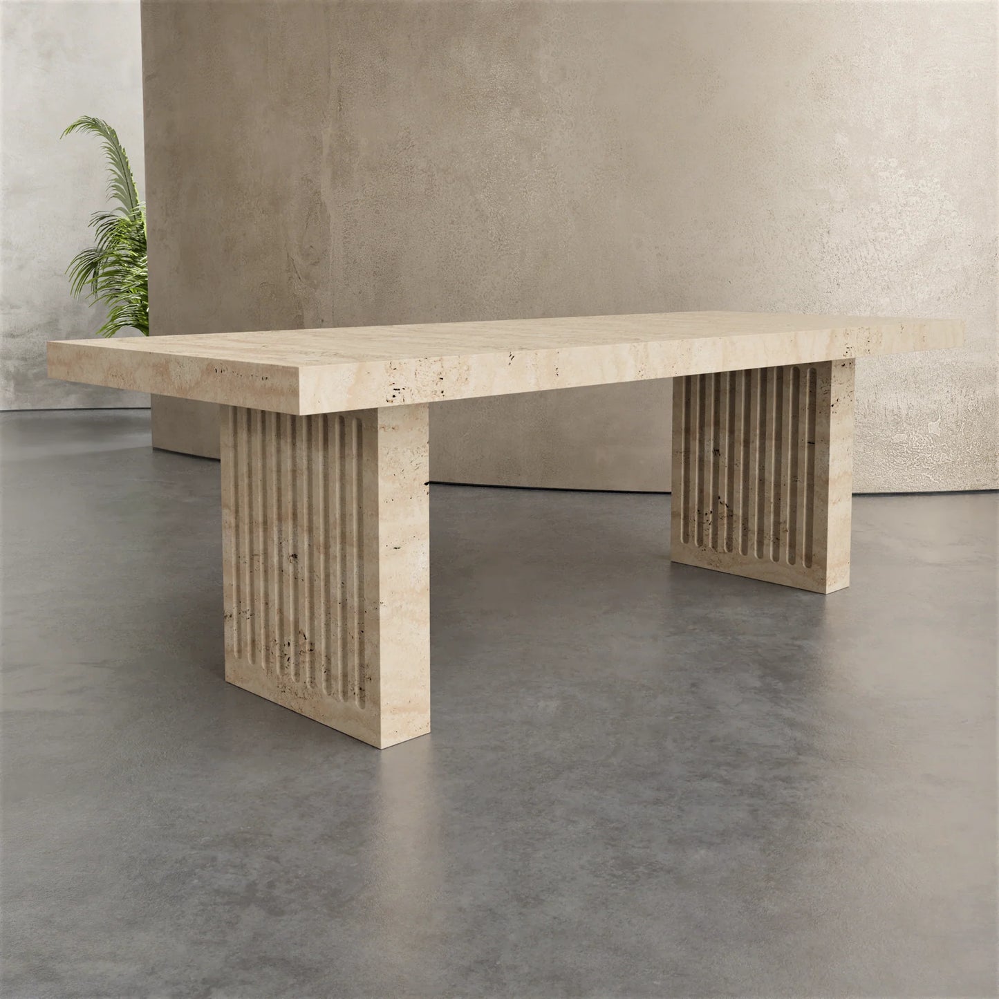 Siena travertine dining table by Eden Stone Designs luxury natural travertine dining table with sculptural fluted base