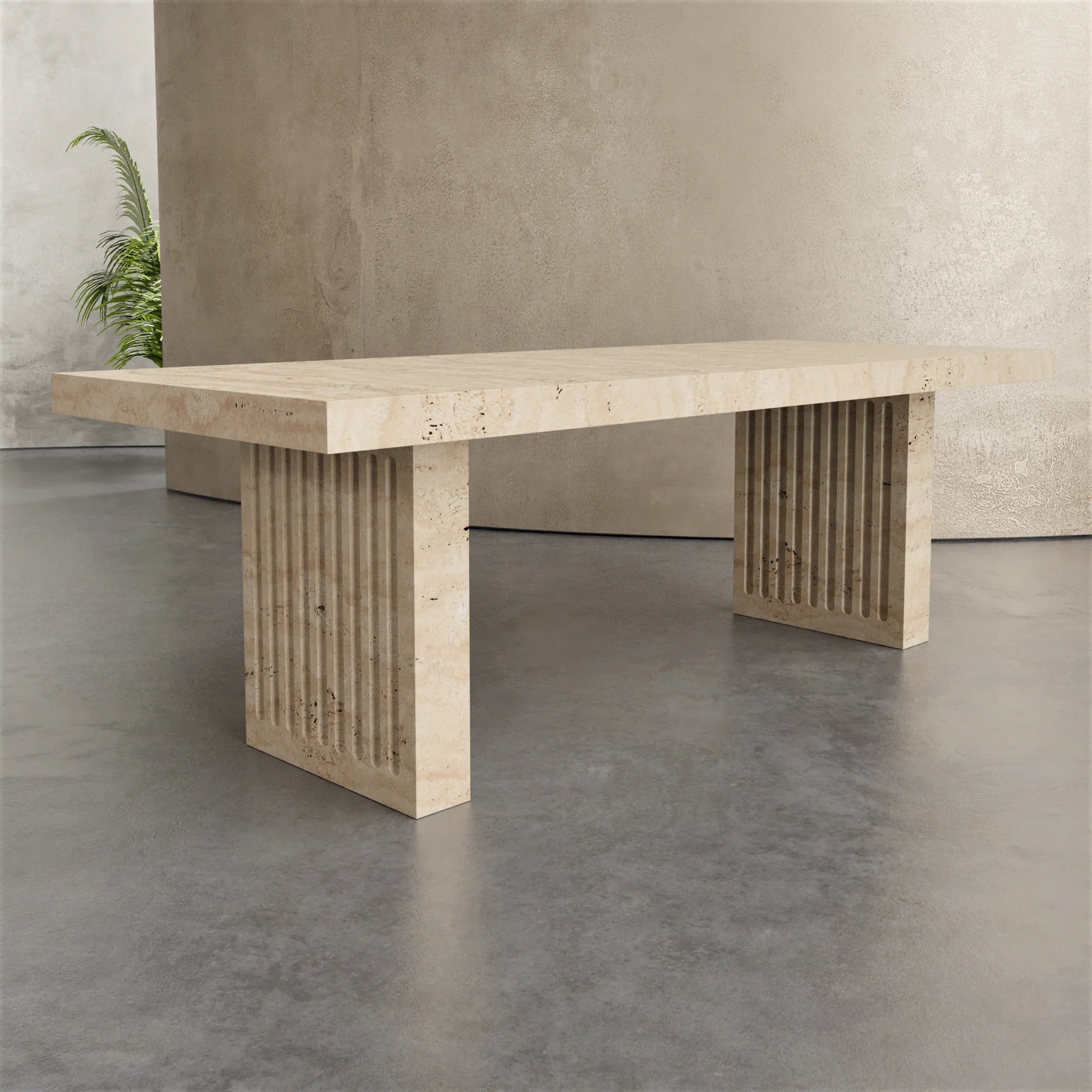 Siena travertine dining table by Eden Stone Designs luxury natural travertine dining table with sculptural fluted base