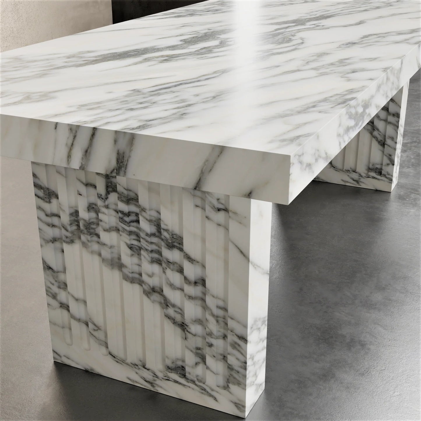 Siena white marble dining table detail by Eden Stone Designs luxury natural marble dining table with sculptural fluted base