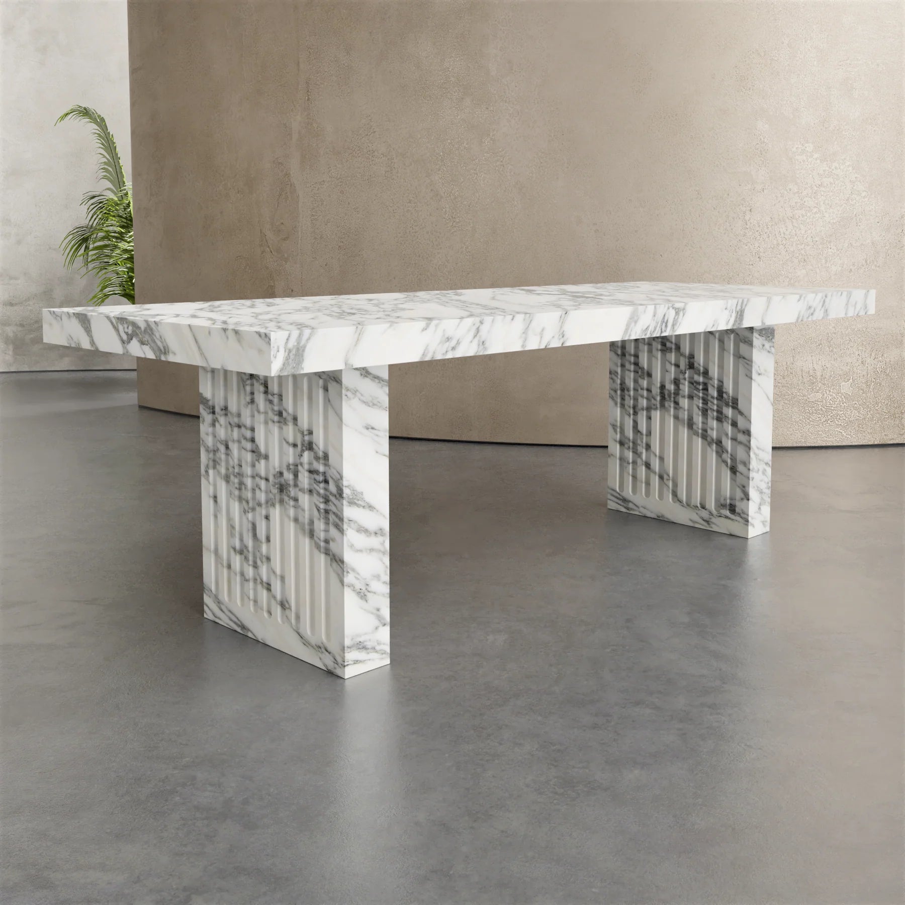 Siena white marble dining table by Eden Stone Designs luxury natural marble dining table with sculptural fluted base