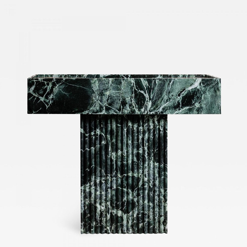 Florence marble vanity in green natural stone with fluted pedestal base and minimalist design