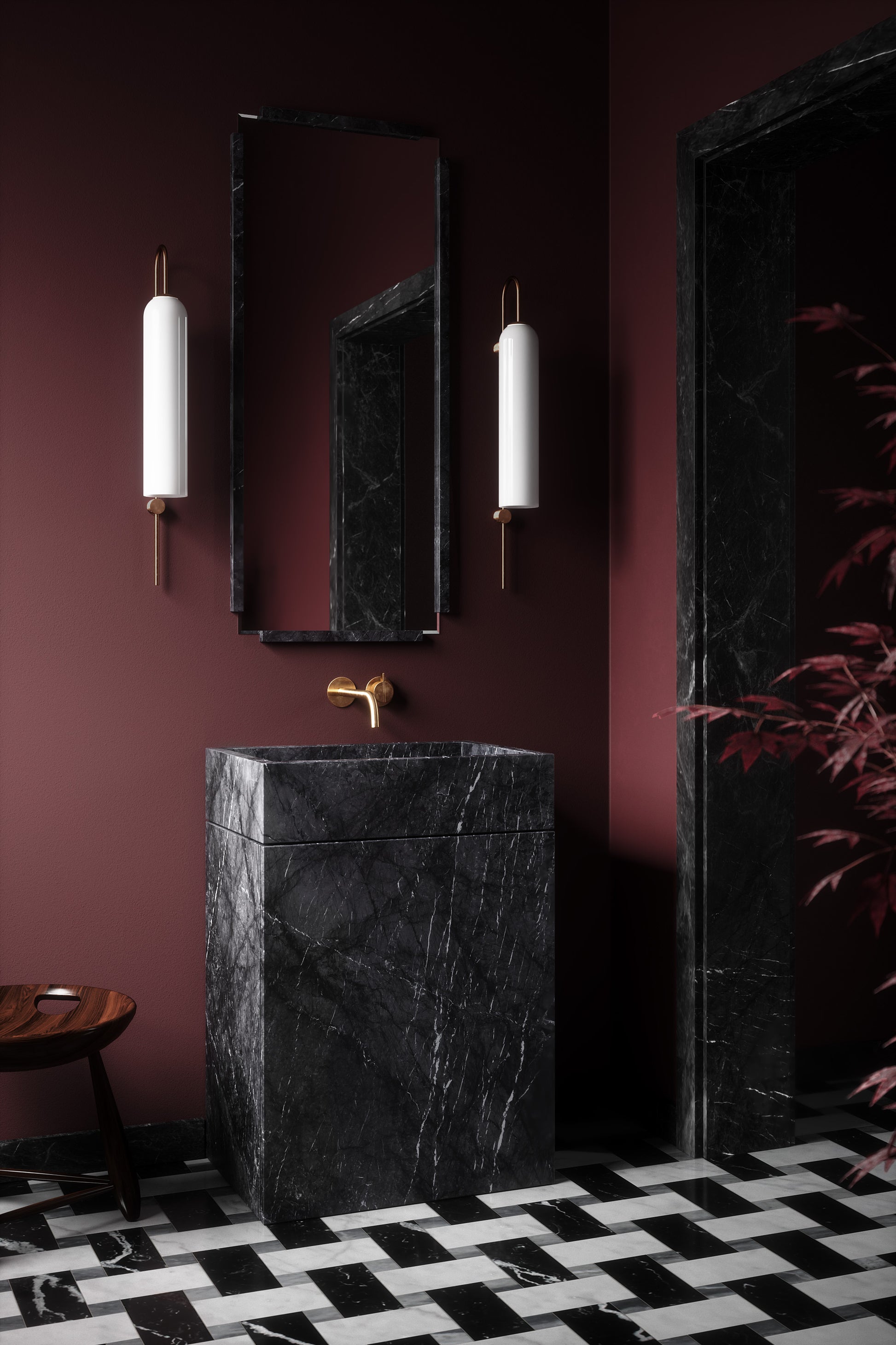 Genoa marble vanity in dark natural stone installed in a luxury bathroom with wall mounted faucet and mirror