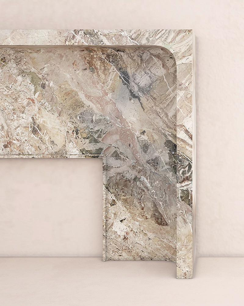 Natural stone detail of Giacomo marble fireplace by Eden Stone Designs